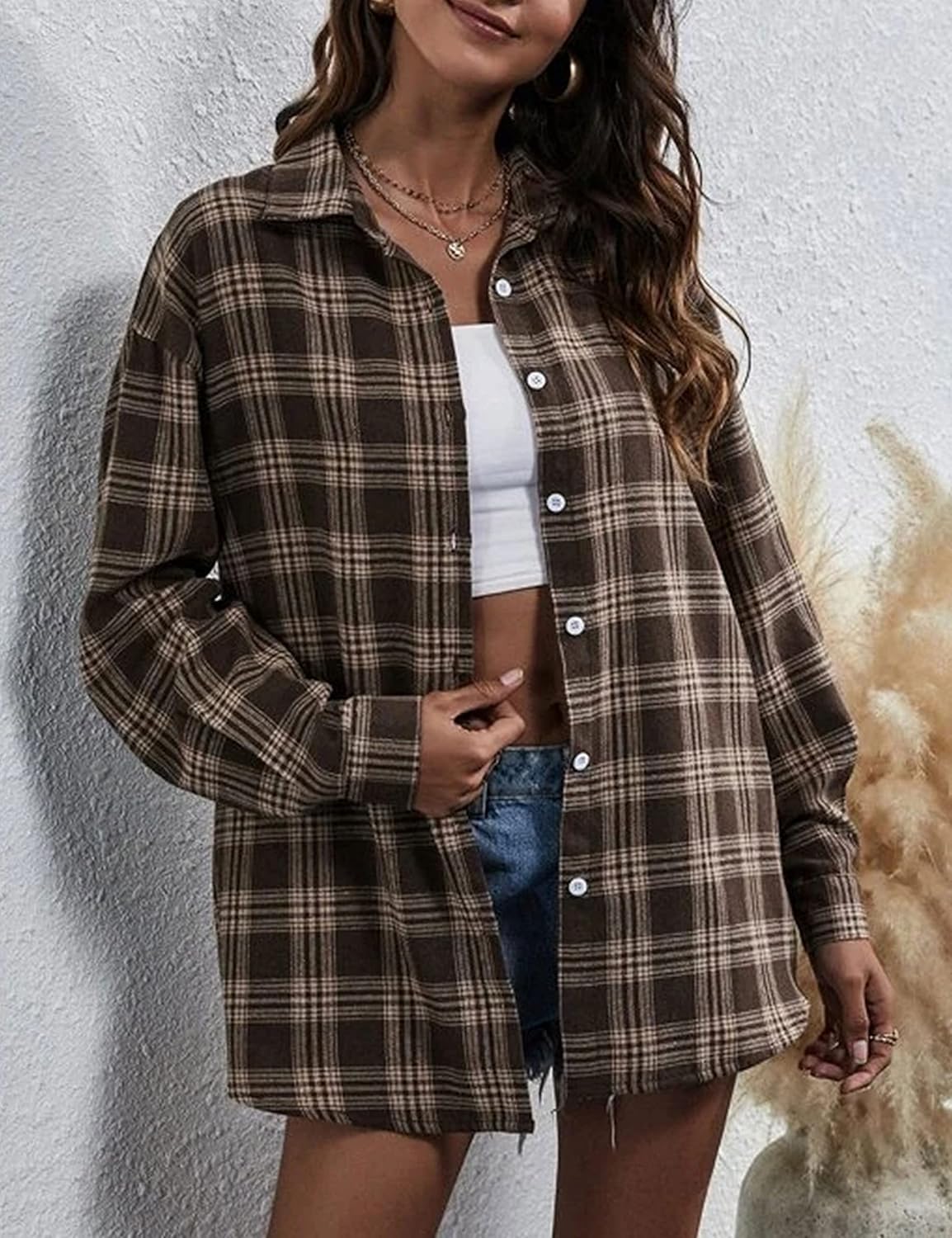 Bozanly Flannel Buffalo Plaid Shirts for Women Oversized Button Down Shacket Blouse Tops - Image 3