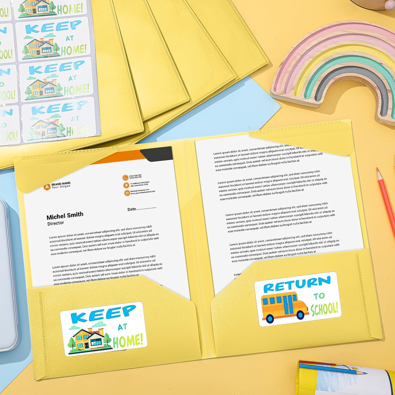 Henoyso 48 Pack 2 Pocket Parent-Teacher Communication Folders with School Bus Folder Labels, Stay-Put Tabs, Clear Front Pocket Plastic Folder for School Classroom Teacher Supplies(Yellow)