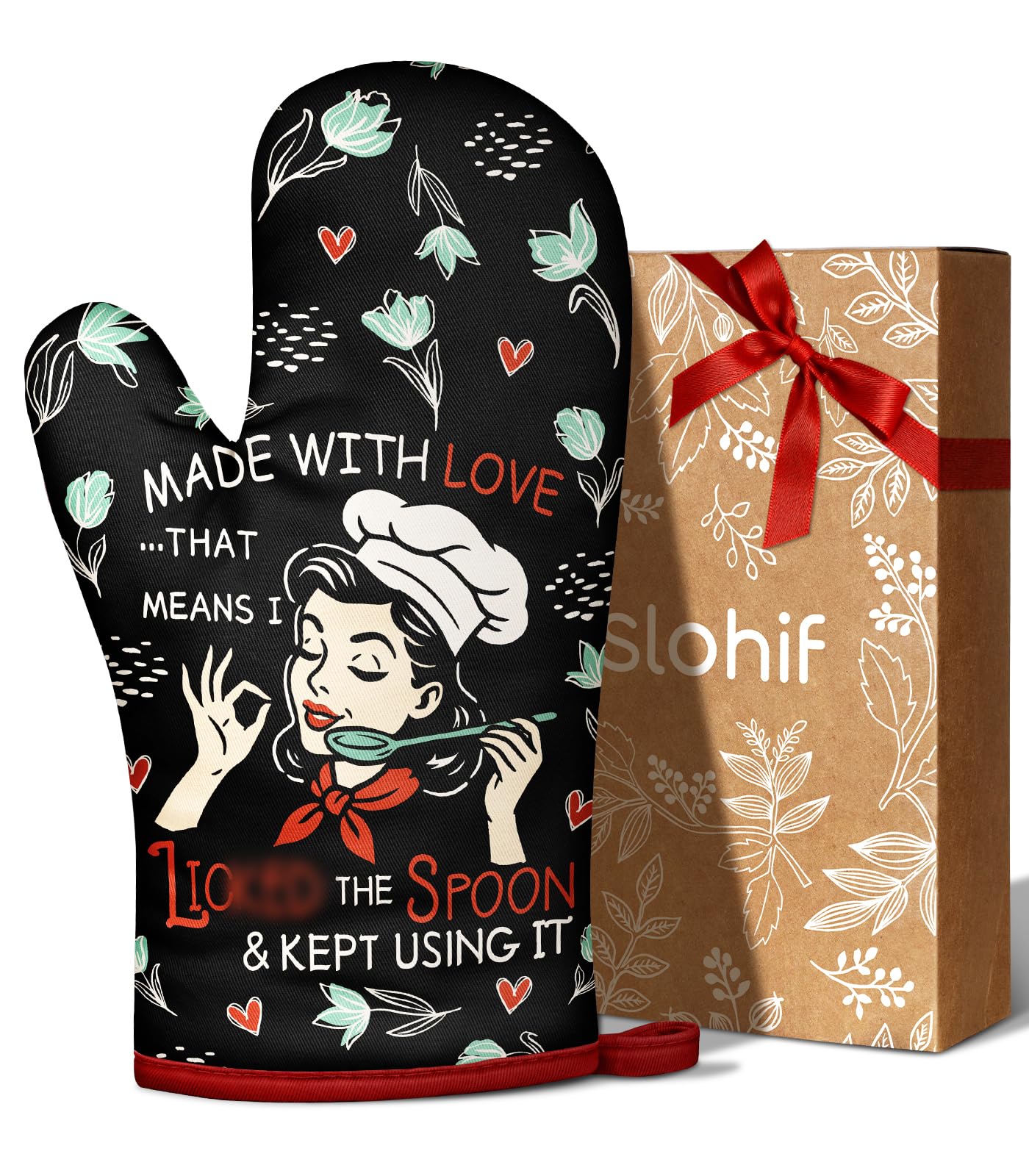 Slohif Lustiger Ofenhandschuh, hitzebeständig für Frauen, 1 Packung, schwarz, niedliche Neuheit, coole Küchenofenhandschuhe mit 100 % Baumwolle für Back- und Kochzubehör (Made with Love)