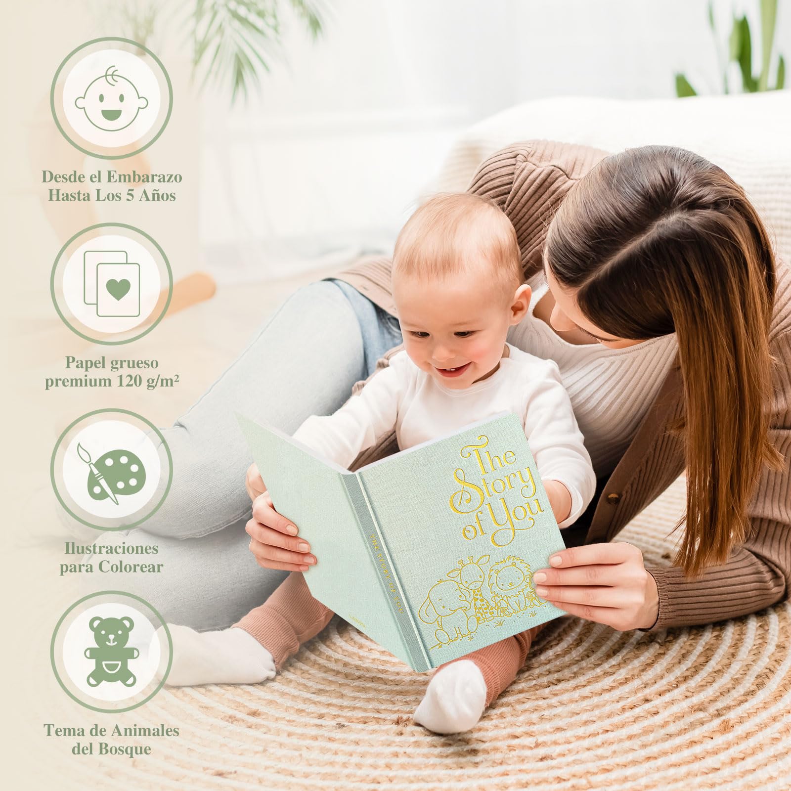 Lanpn Álbum Fotos Bebé Primer 5 Año para Niño Niña, The Story of Your Baby Memory Book, Libro Recuerdos Bebe, Baby's Journal Diario Recién Nacido Regalo (154 Páginas, Inglés, Verde)