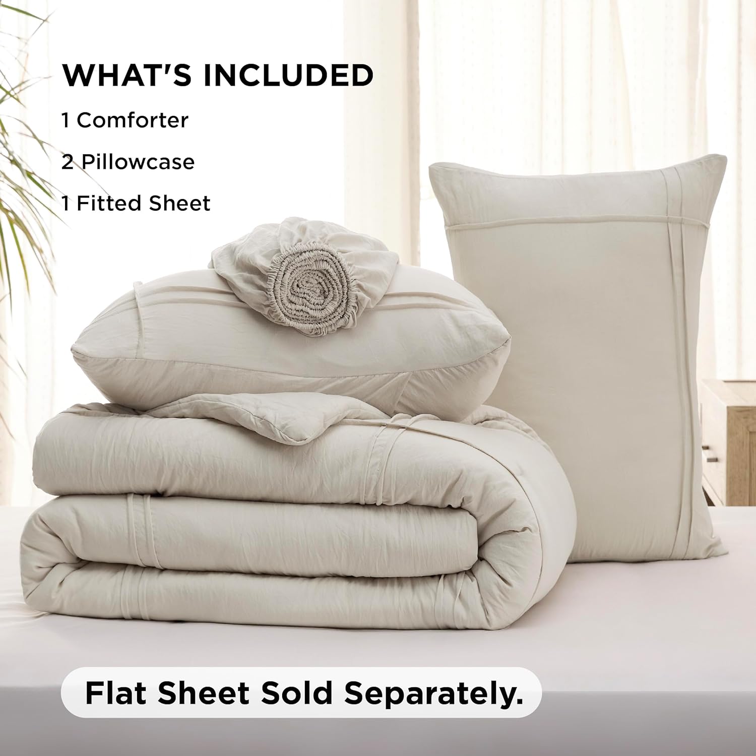 Bedsure Queen Comforter Set with Sheet - 4 Pieces Soft Beige Bedding, Grid Pinch Pleat, All Season Lightweight Fluffy Bed Set with Solid Boho Comforter, Pillowcases & Sheet