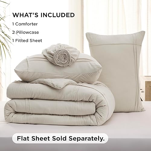 Miniatura 6 de Bedsure Juego de edredón King con sábana, juego de ropa de cama suave de 4 piezas, color beige suave, plisado de rejilla, para todas las estaciones,