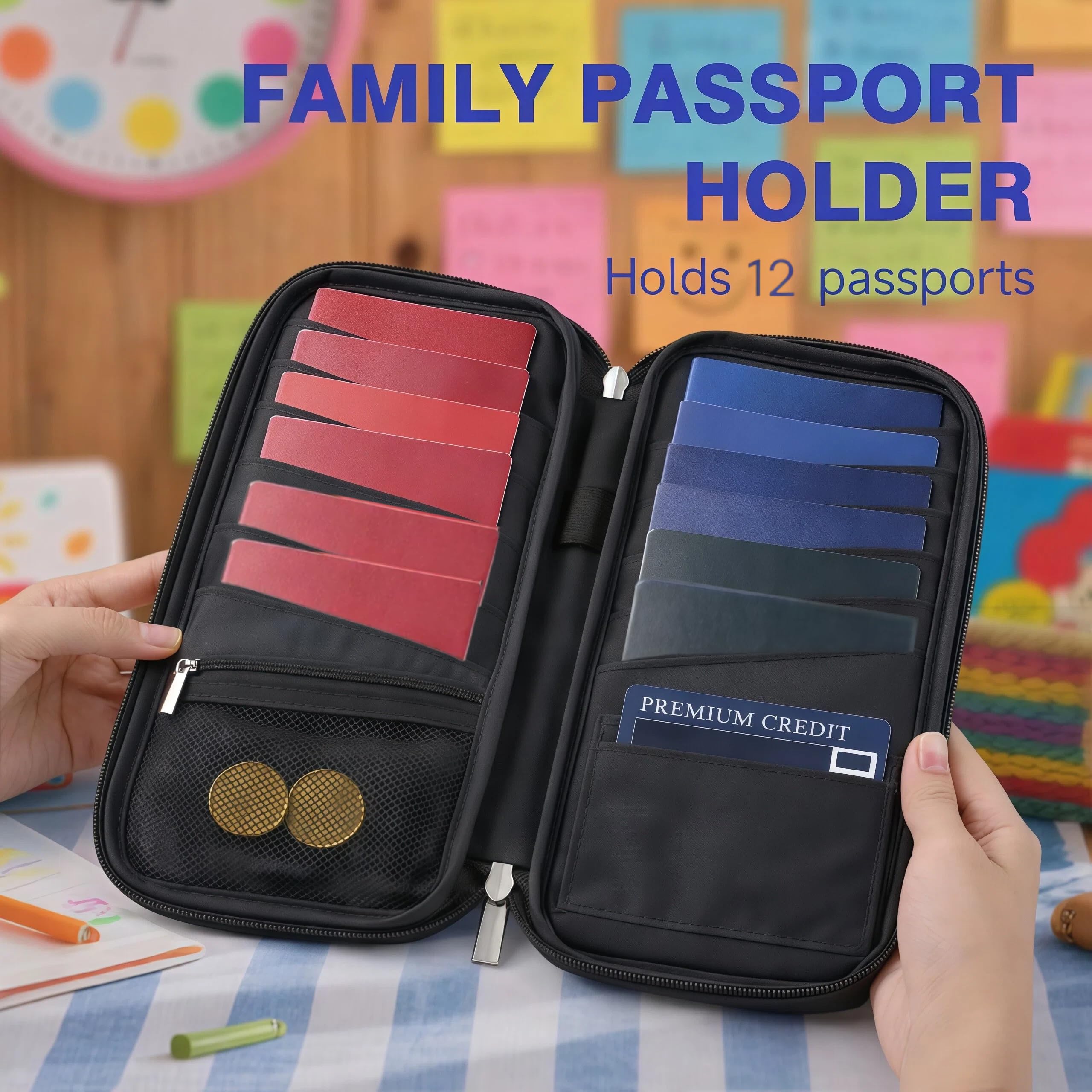 WALNEW Familienpasshülle für Reisen, RFID-blockierende Reisepasshülle, große Kapazität, Reisedokumenten-Organizer mit wasserabweisendem Nylon und Außentasche