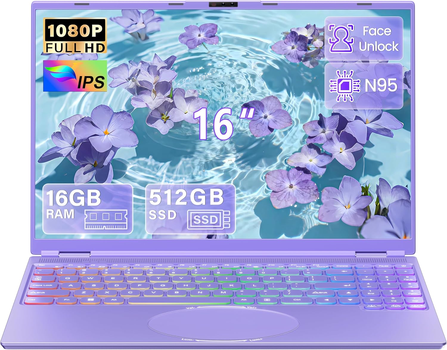 2026 16 Inch Laptop Purple, 512GB SSD, 16GB DDR4 RAM, Quad-Core N95 CPU up to 3.4GHz (Beat N5095/N5105), FHD IPS Screen laptops, Face Login, Colour Keyboard, HDMI, USB 3.0, 5000mAh Notebook Computer