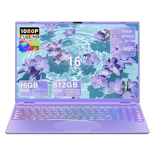 2026 16 Inch Laptop Purple, 512GB SSD, 16GB DDR4 RAM, Quad-Core N95 CPU | up to 3.4GHz (beat 3250C N5105), FHD IPS Screen, Face Login, Color backlit keyboard, HDMI, USB 3.0, 5000mAh Student Notebook - 16G+512GB SSD - Purple
