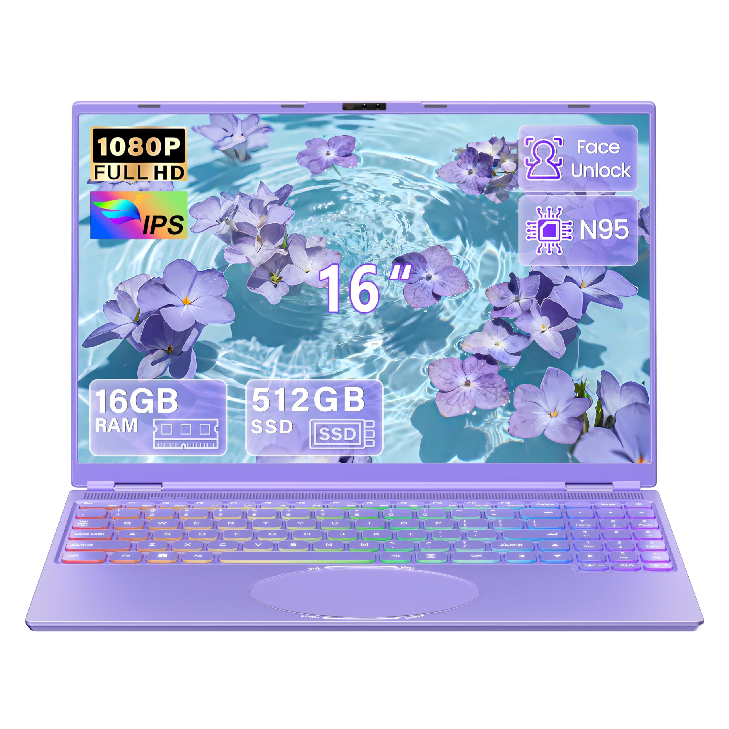 2026 16 Inch Laptop Purple, 512GB SSD, 16GB DDR4 RAM, Quad-Core
