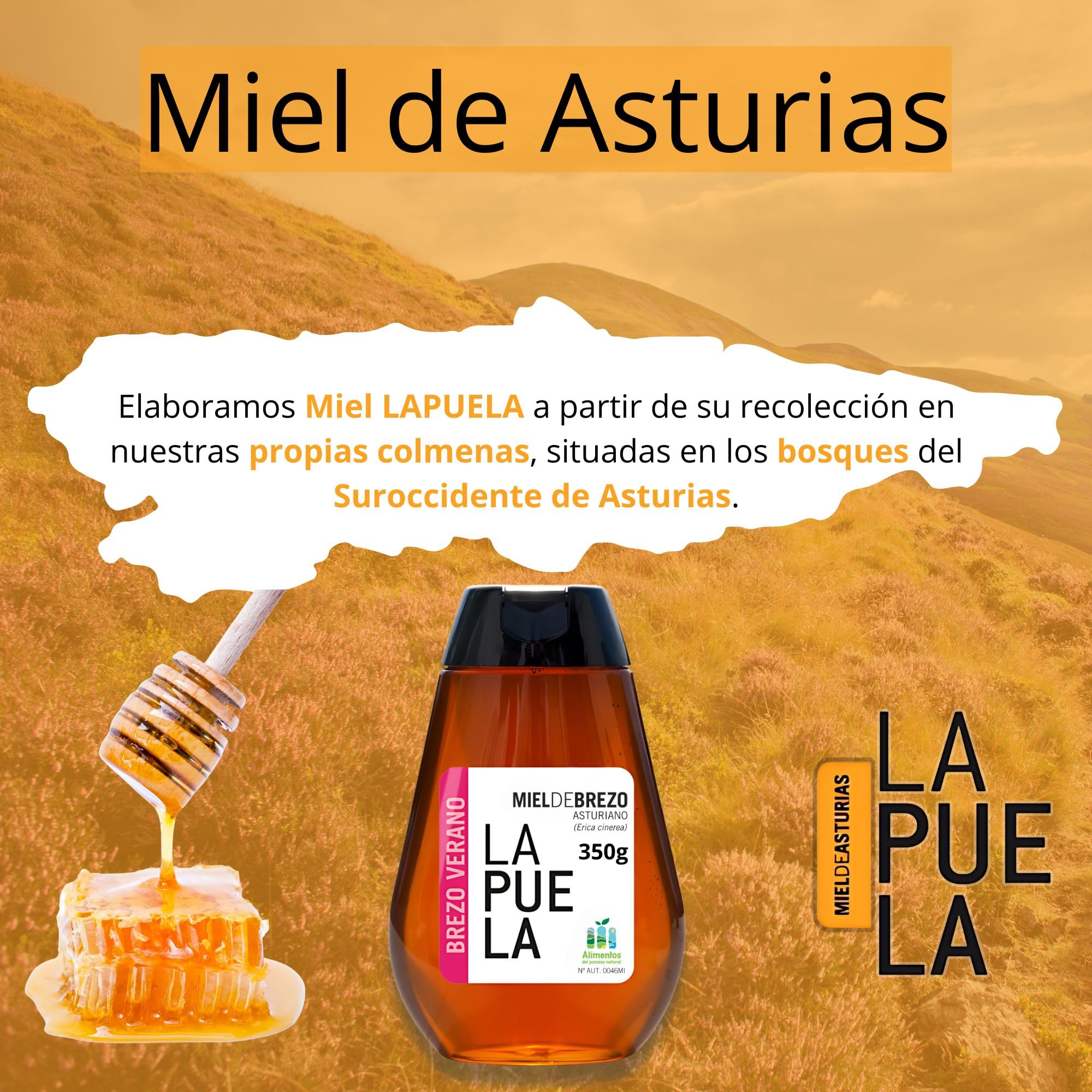 LAPUELA Miel de Brezo Verano 100% Natural Pura de Abeja Aroma Floral Intenso Sabor Dulce Equilibrado Producción Artesanal Asturias