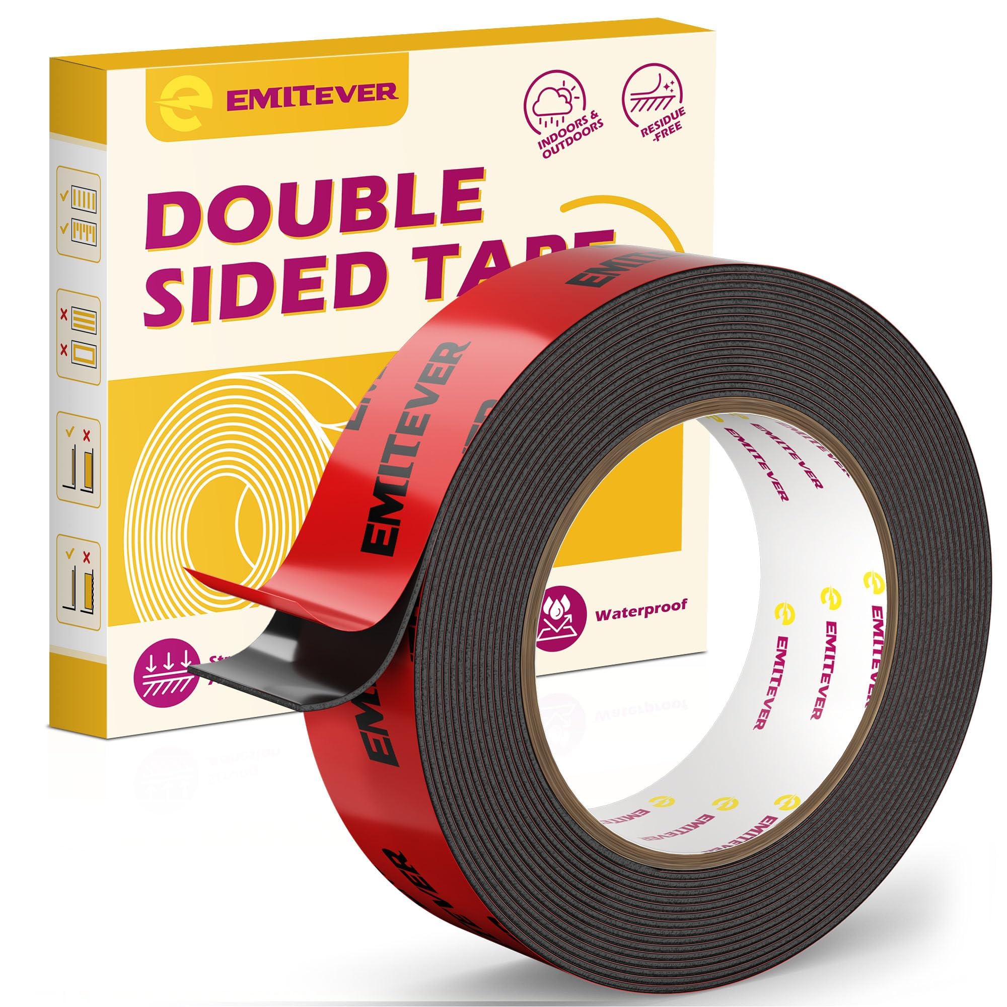 Emitever Dwustronna Taśma Klejąca - 5 m x 25 mm, ekstra mocna, wodoszczelna, wielofunkcyjna taśma klejąca do montażu na ścianie i taśmach LED, do samochodu, mieszkania, biura i na zewnątrz