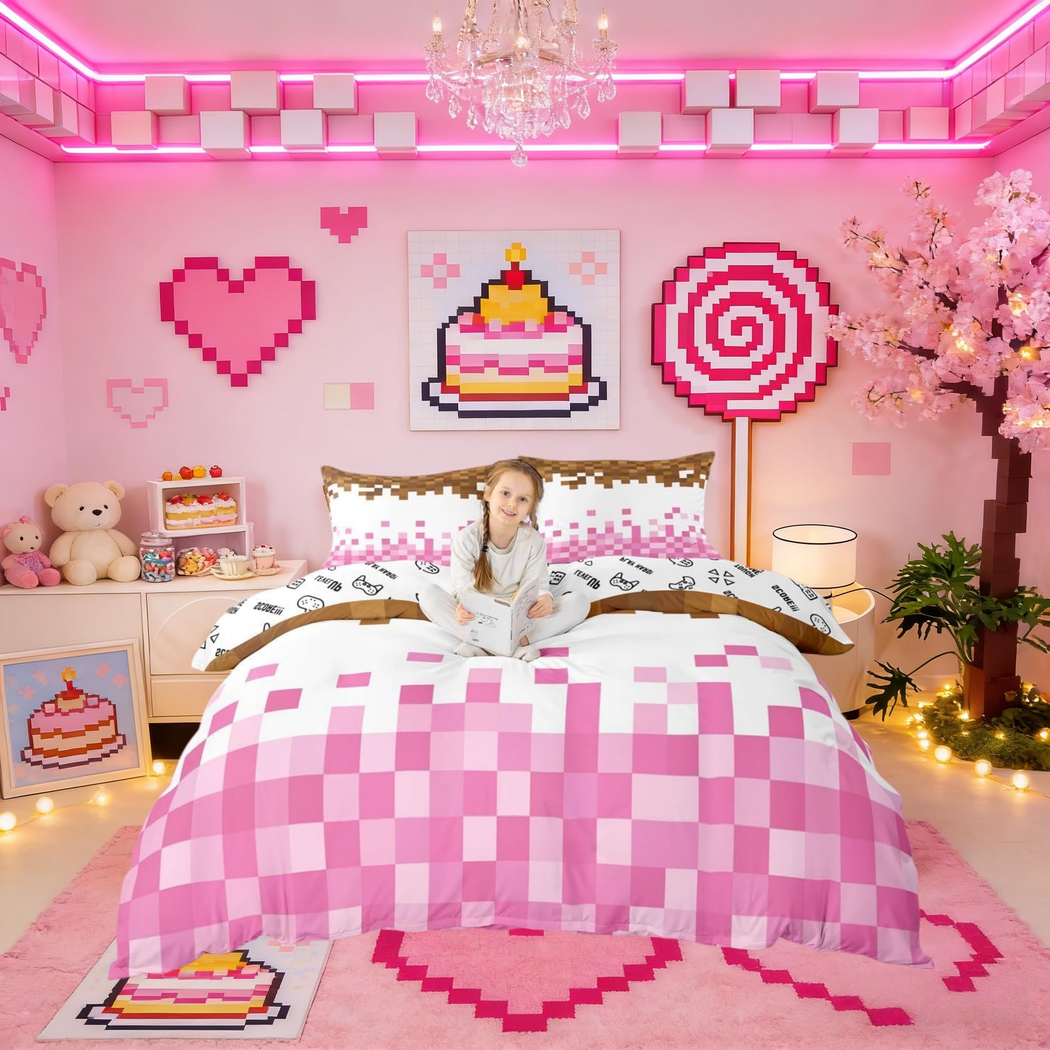 Manfei Pixelated Theme Duvet Cover Set King Size,Geometric Grid Bedding Set 3pcs for Bedroom Decor,Video Games Gamepad Kids Bedding,Pink White Brown Quilt Cover with 2 Pillowcases,Not Comforter — image 1