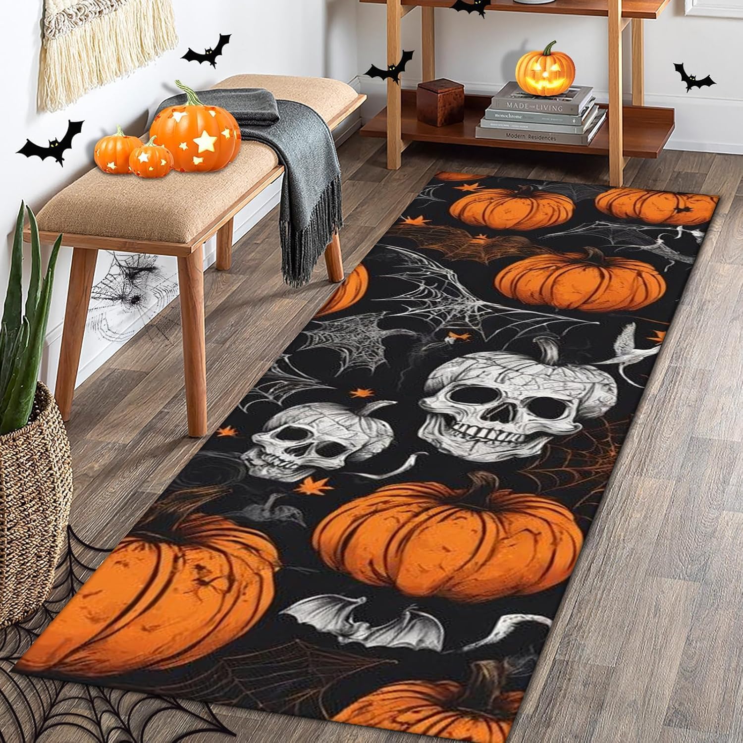Halloween Kitchen Runner Rugs,2x6ft,Halloween Decor Gothic Rugs for Hallway,Washable Bat Spider Web Rug， Non-Slip Soft Pumpkin Skull Rug,for Laundry Room Bathroom Door Mat Entryway Carpet