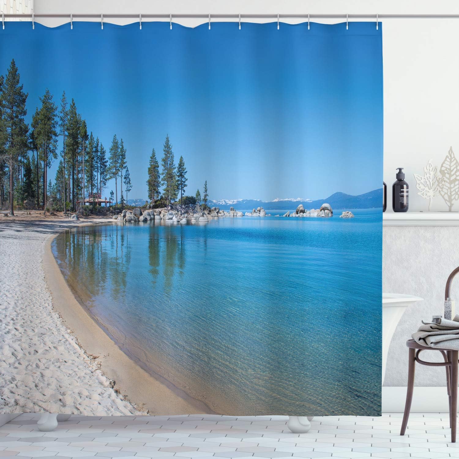 Ambesonne Lake Tahoe Shower Curtain, Clear Water in Shore of Lake Tahoe Idyllic Calming Scene, Cloth Fabric Bathroom Decor Set with Hooks, 69" W x 75" L, Azure Blue Coconut Forest Green