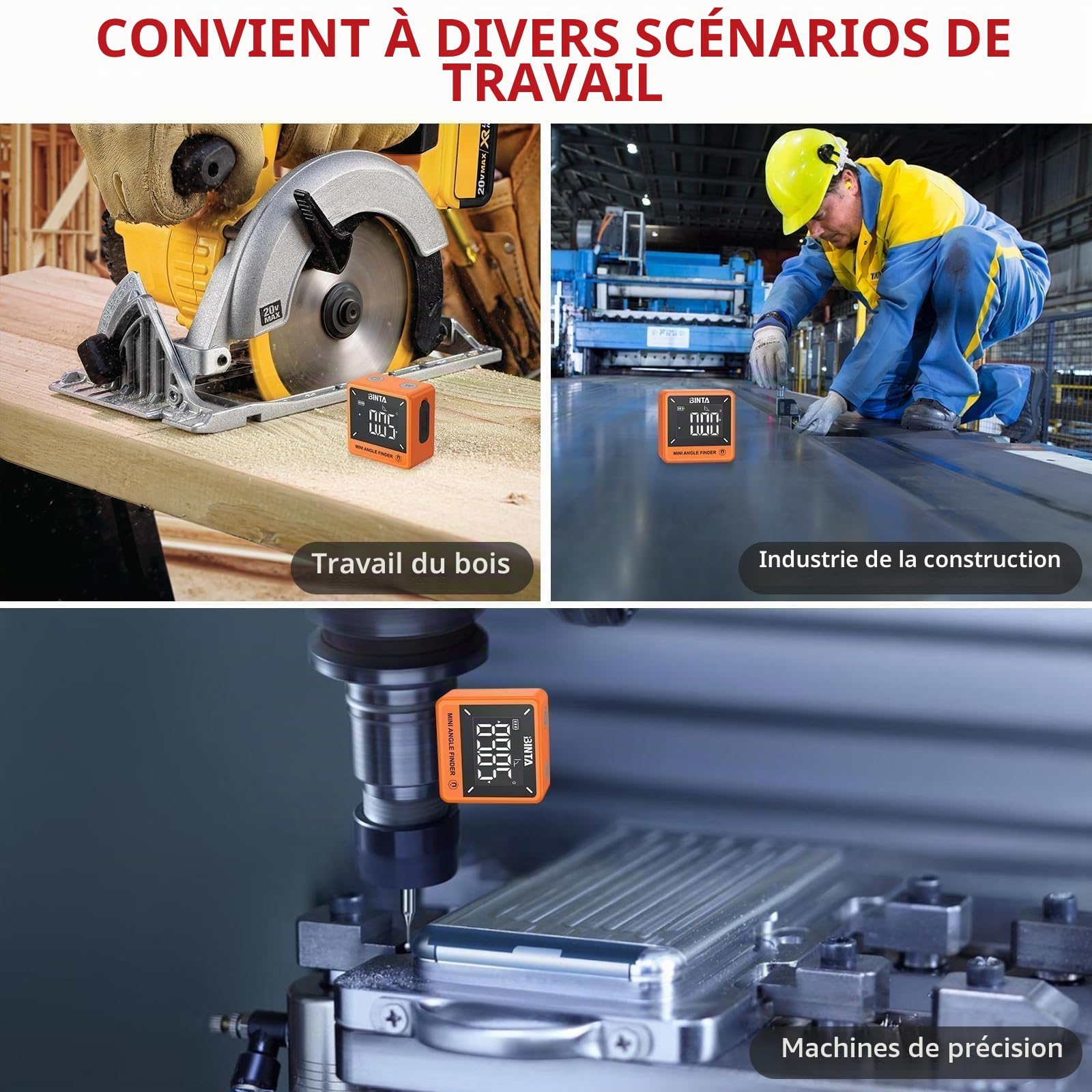 BINTA Inclinomètre Numérique Mini 4 x 90° ±0,2°, Mesureur d’Angle Digital 0,05° Résolution, Base Magnétique Rechargeable USB Type-C IP54, Mesure Relative/Absolue, pour Menuiserie et Chantier