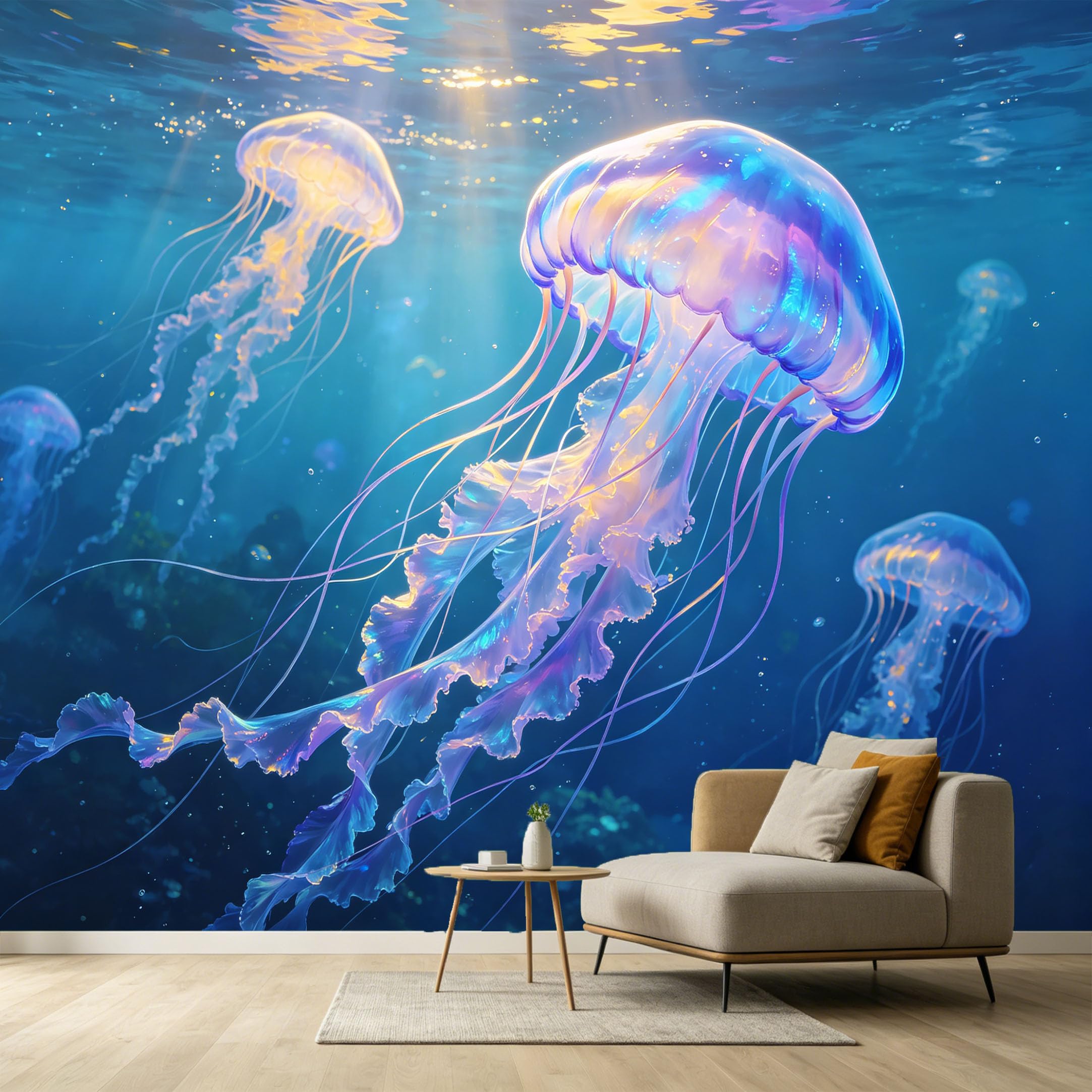 Custom Size Wall Murals Deep Ocean Marine 3D Bioluminescent Jellyfish Light Rays SelfAdhesive Wall Fabric Removable Large Wallpaper for Photo Living Room