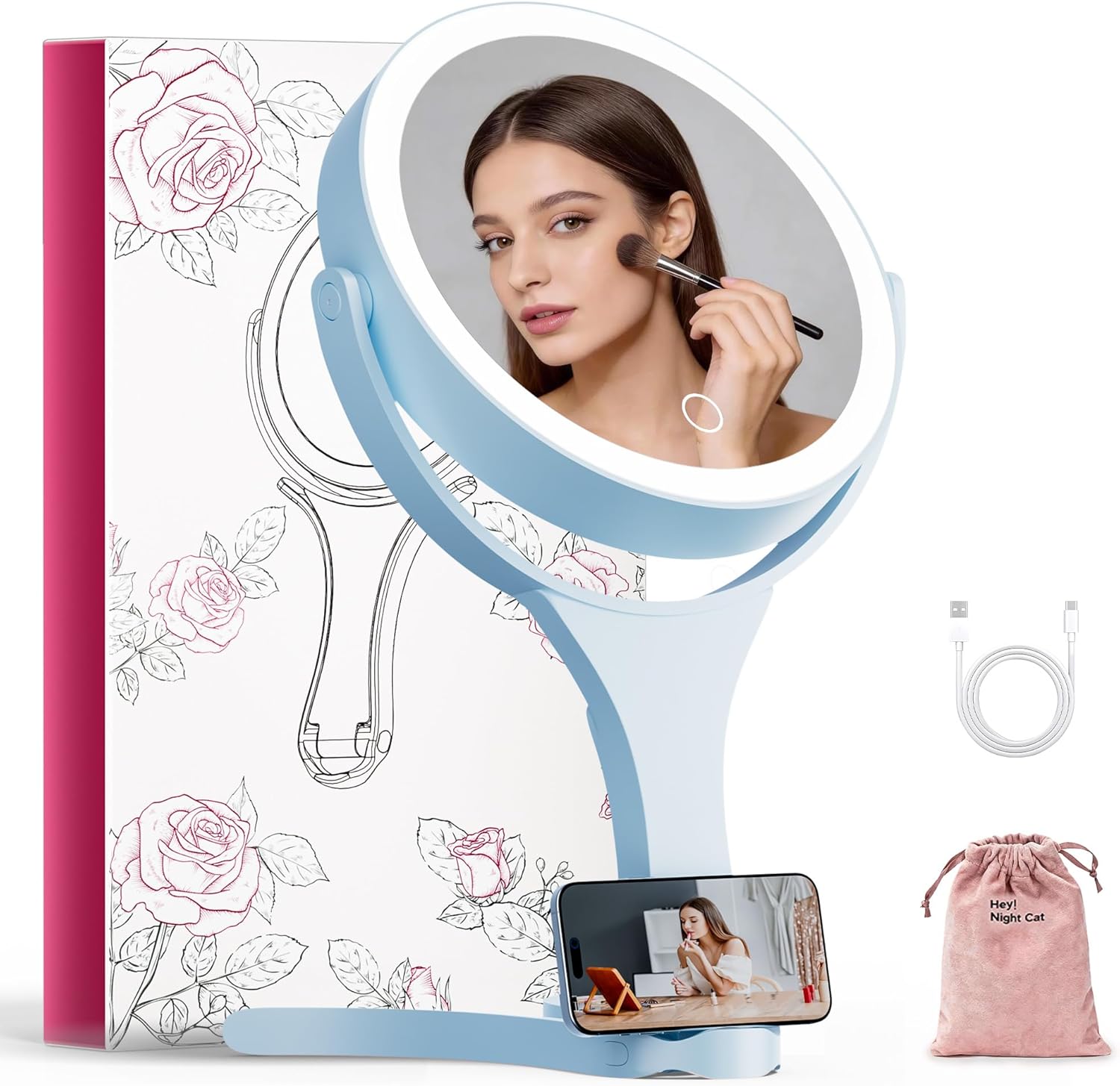 Hasipu Portable Travel Makeup Mirror with Lights – 360° Rotating with 1X/10X Magnifying, Rechargeable Tabletop Handhold Hanging 3 in 1 Mirror (Blue)