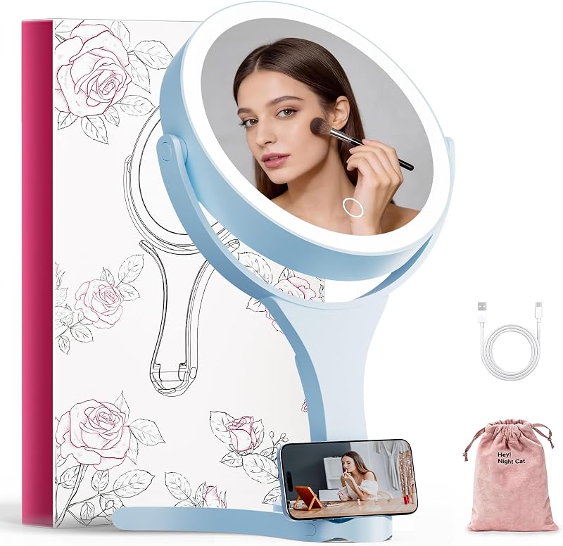 Makeup Mirror with Lights 2000mAh Rechargeable Travel Mirror | 1X/10X Magnifying, Phone Stand Design, Rechargeable, 360° Rotatable, 3 Color Dimmable, Tabletop, Handhold, Hanging, Blue