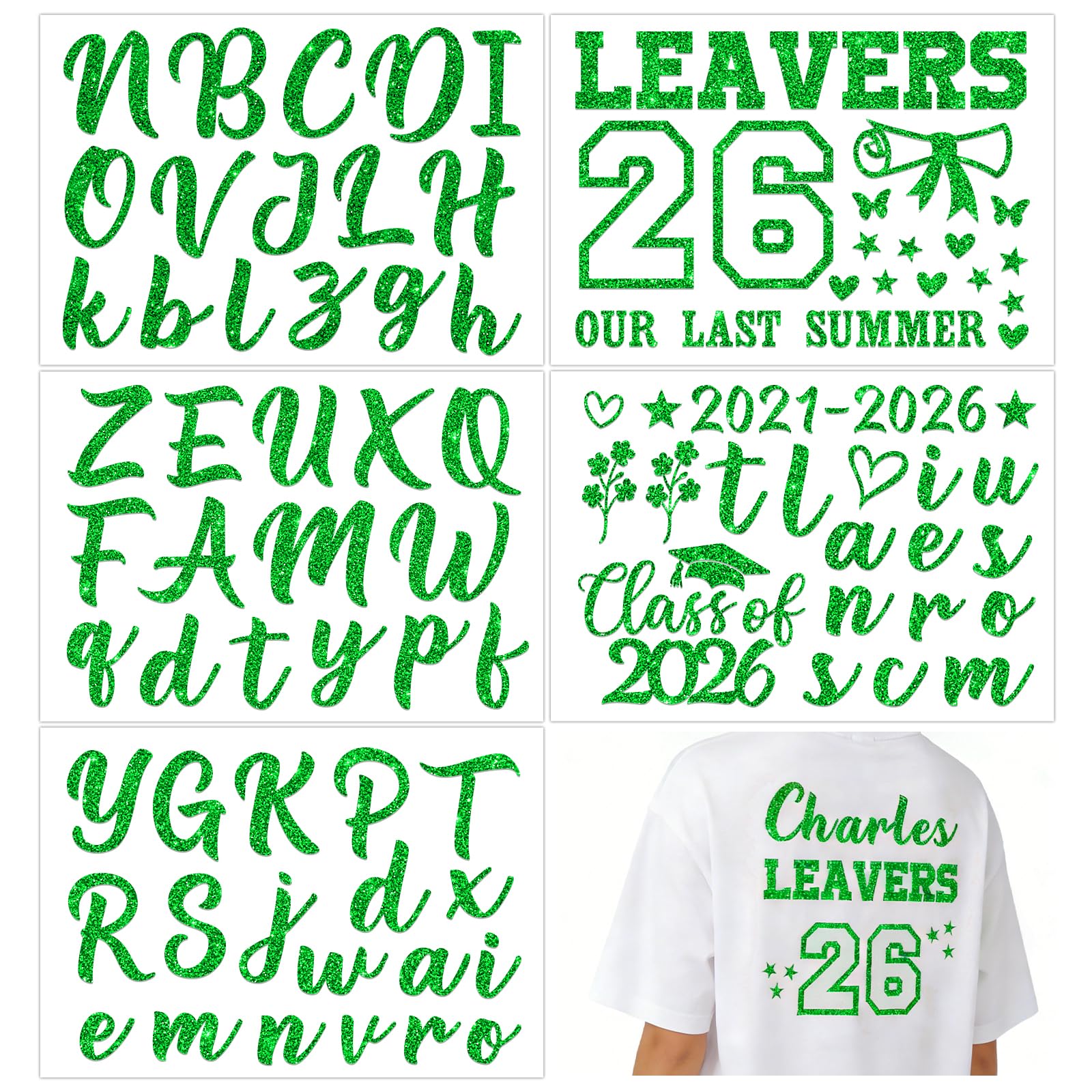 DOORIO 5 Sheets 2026 Leavers Iron on Transfers Class of 2026 Transfer Names Glitter DIY Leavers Shirt Decoration Graduation Transfers for Clothing T-Shirts Backpacks Jerseys (Green)