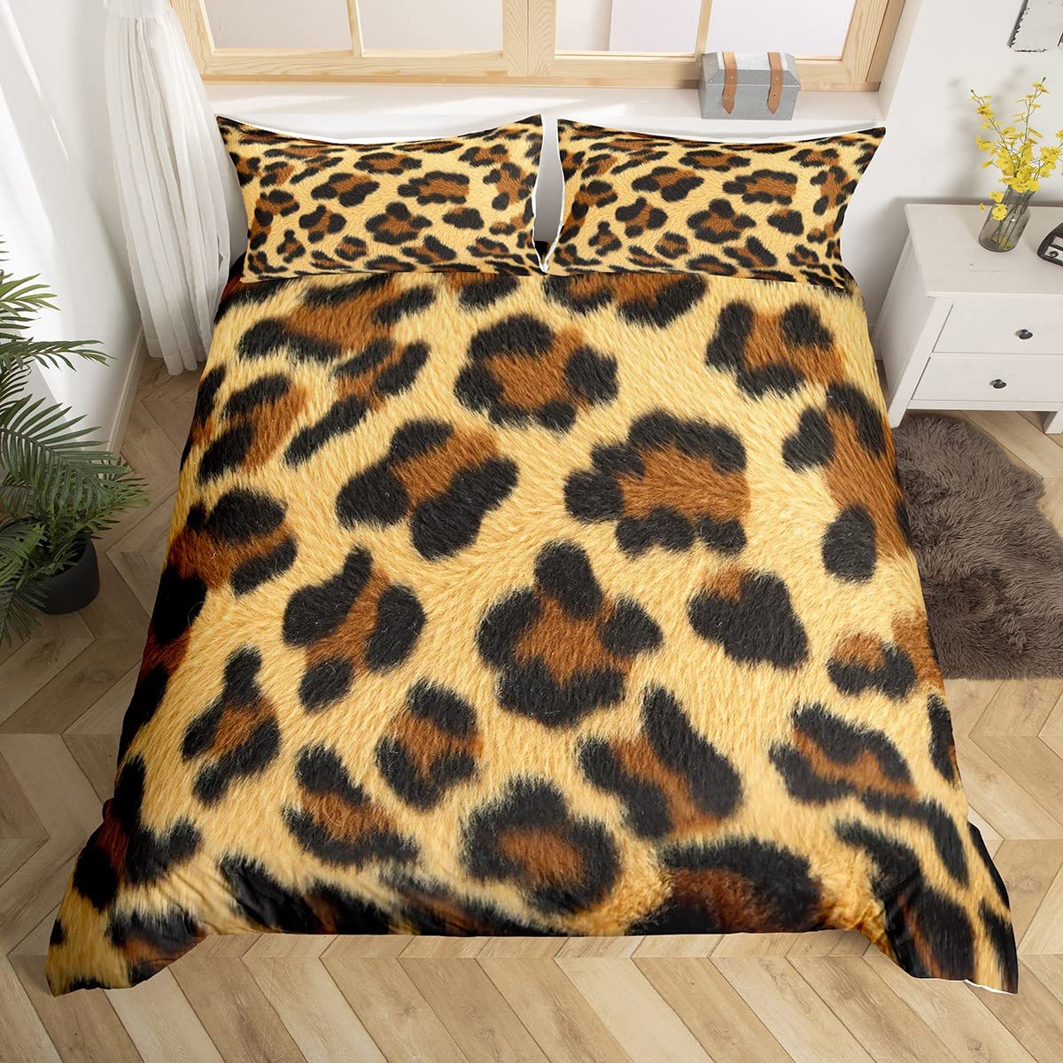 Housse de couette léopard lit double drap safari anti-plis enfants