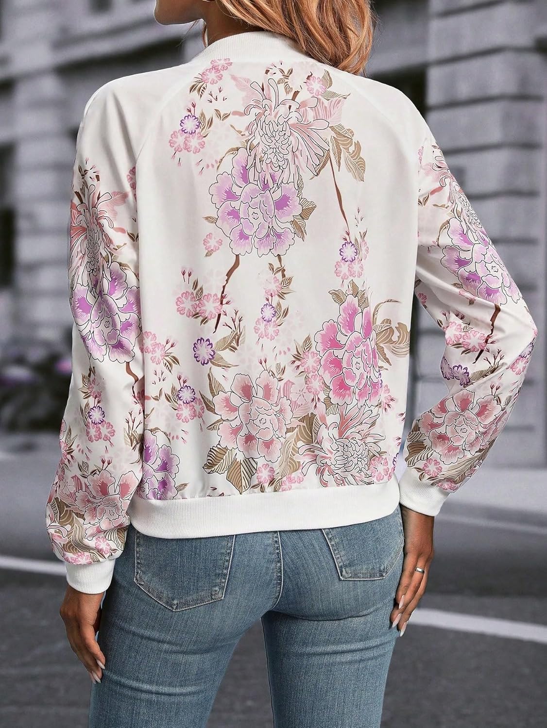 WDIRARA Women's Floral Print Long Sleeve Zip Front Baseball Bomber Jacket Casual Outerwear - Image 2