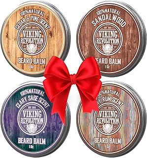 Viking Revolution Paquete variado de 4 bálsamos para barba (1 onza cada uno), sándalo, pino y cedro, ron de bahía, salvia clara, estiliza, fortalece y suaviza barbas y bigotes, cera para hombres
