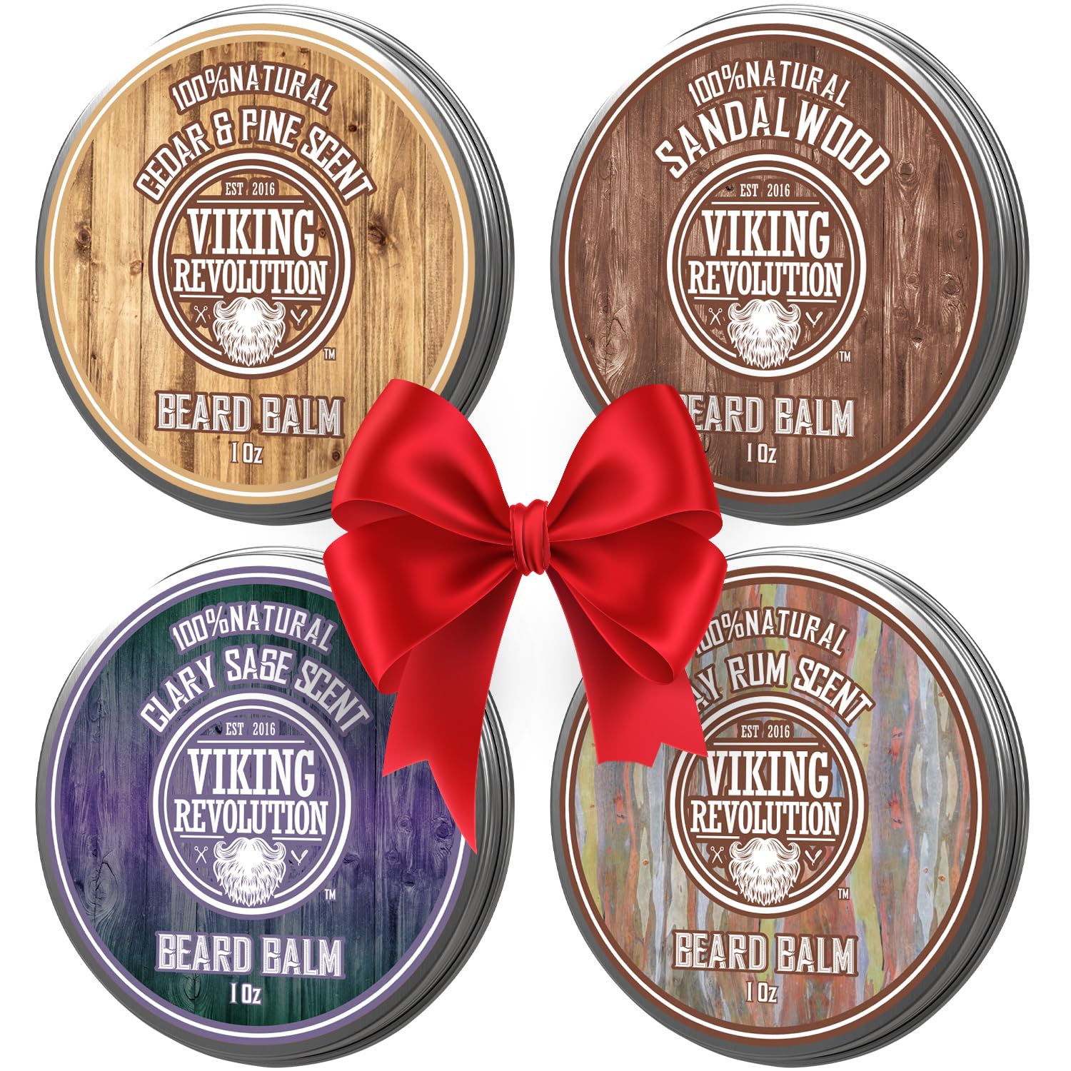 4 Beard Balm Variety Pack (1oz Each)- Sandalwood, Pine & Cedar, Bay Rum, Clary Sage - Beard Butter Styles, Strengthens and Softens Beards and Mustaches - Beard Wax for Men