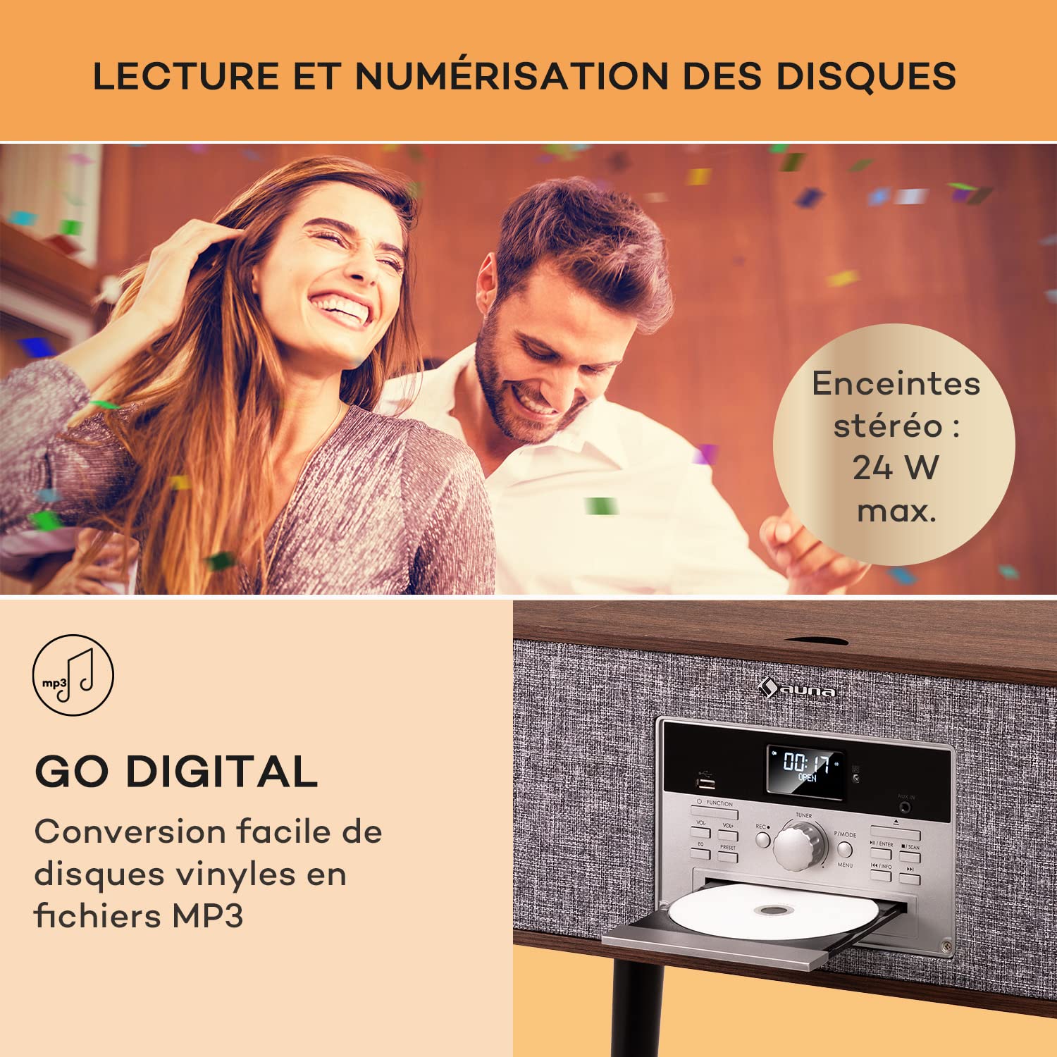 Auna Platine Vinyle Bluetooth, Tourne Disque CD, USB, DAB+, FM Radio Avec Haut-Parleur, Tourne-Disques Audio 33 Tours, Chaîne HiFi, Lecteur Vinyles, Télécommande