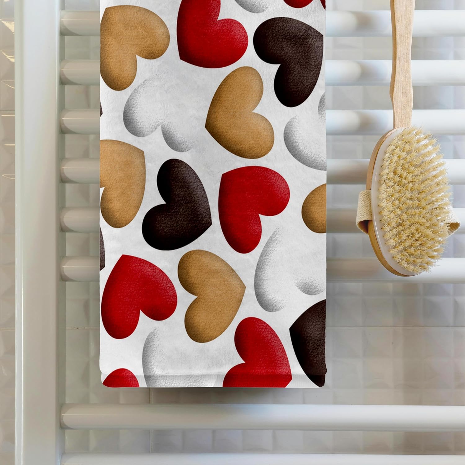 3dRose Cute Red, Brown, White, Beige Toss Hearts Pattern 22x30 Bath Hand Pool Towel