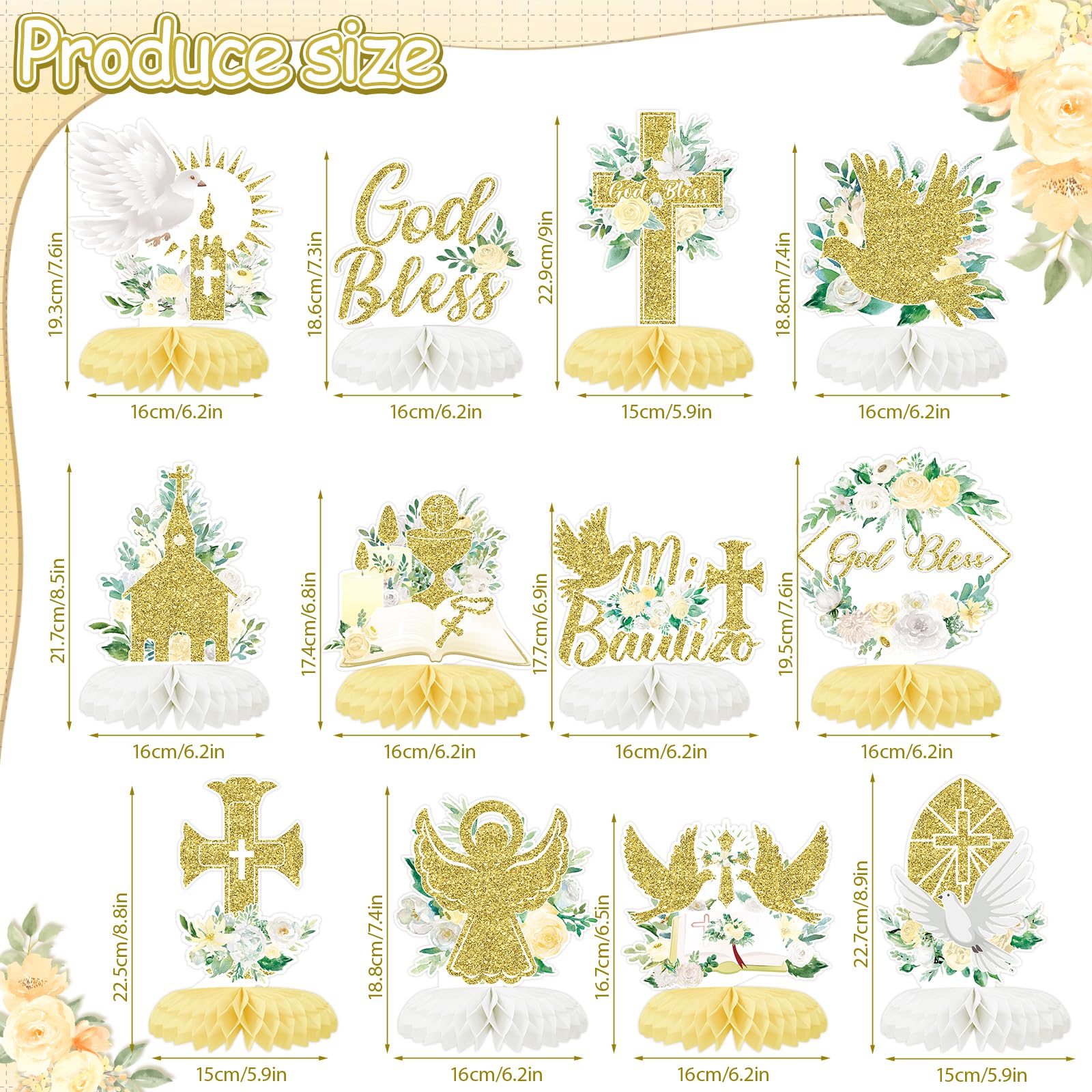 Tarklanda 12Pcs Baptism Honeycomb Centerpieces Party Decor,White God Eid Bless Cross Religious Baptism Table Centerpieces for Baby Shower First Communion Birthday Party Decorations (Gold god)
