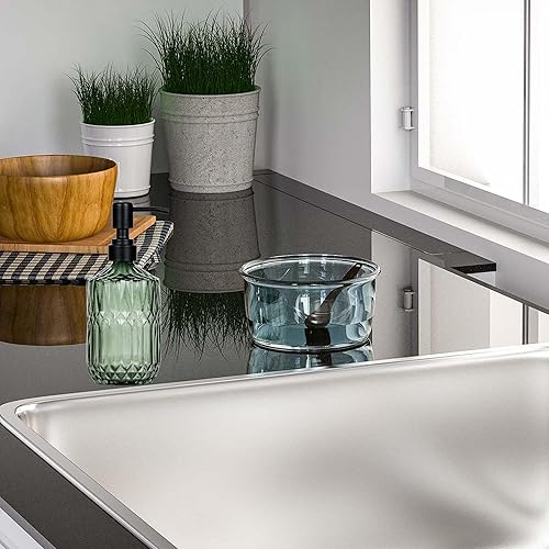 Miniatura 6 de Dispensador de jabón de vidrio grueso verde oscuro de 18 onzas con bomba negra a prueba de óxido recargable, dispensador de jabón de cocina para