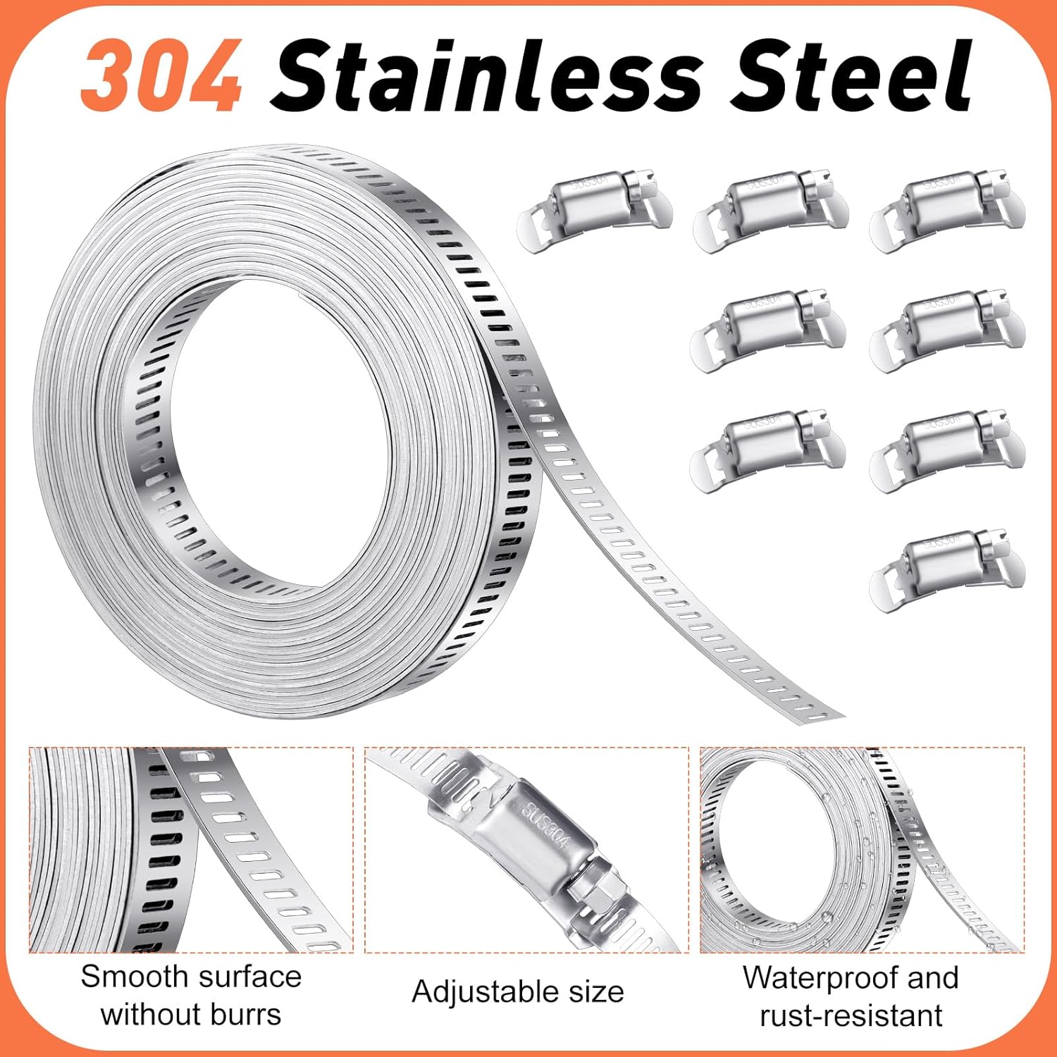 DIY Hose Clamp Assortment Kit, 304 Stainless Steel Worm Gear Hose Clamps Adjustable Pipe Clamps for Securing Pipe Hoses (14 FT Strap +10 Fasteners)