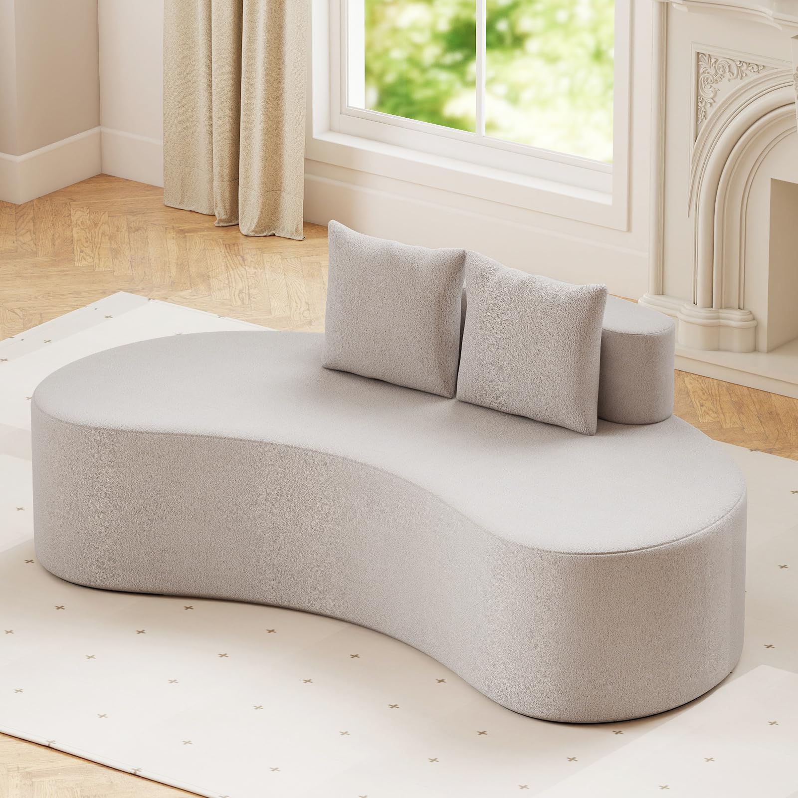 COSTWAY 199 cm Sofá de Compresión Curvo Tapizado con 2 Almohadas, Respaldo Bajo y Amplio Asiento Acolchado con Esponja, Base Antideslizante, sin Montaje, Sofá de Suelo para Salón, Dormitorio (Gris)