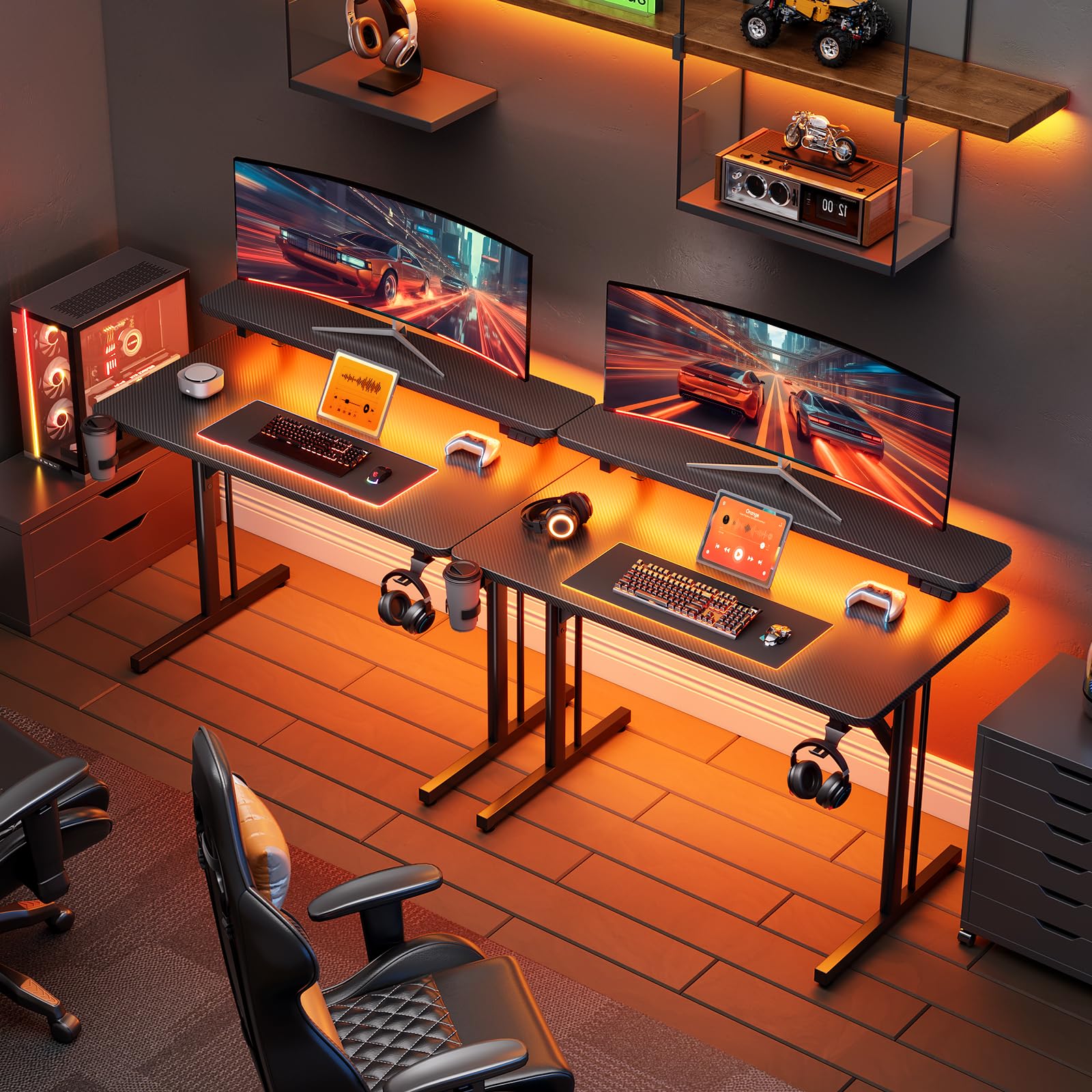 ODK Scrivania Gaming, 80cm Postazione Gaming con Luci LED, Tavolo Gaming con Supporto per Monitor, Scrivania Computer in Fibra di Carbonio Nera