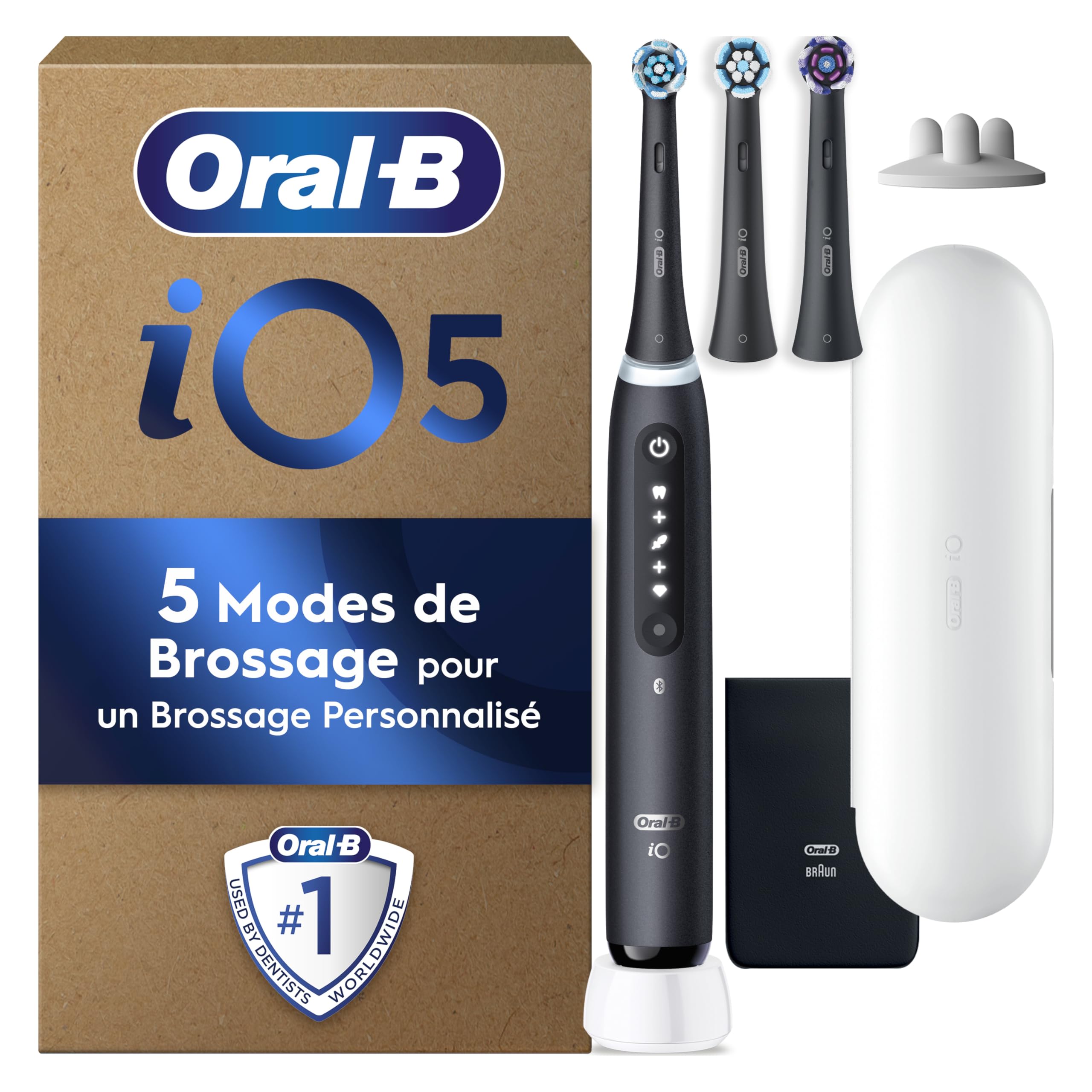 Oral-B iO 5 Black Electric Toothbrush, Pressure Sensor to Protect Gums, Sensitive Teeth, Accessories, 1 Soft Brush, 1 Charger, 1 Travel Case, Carton Packaging