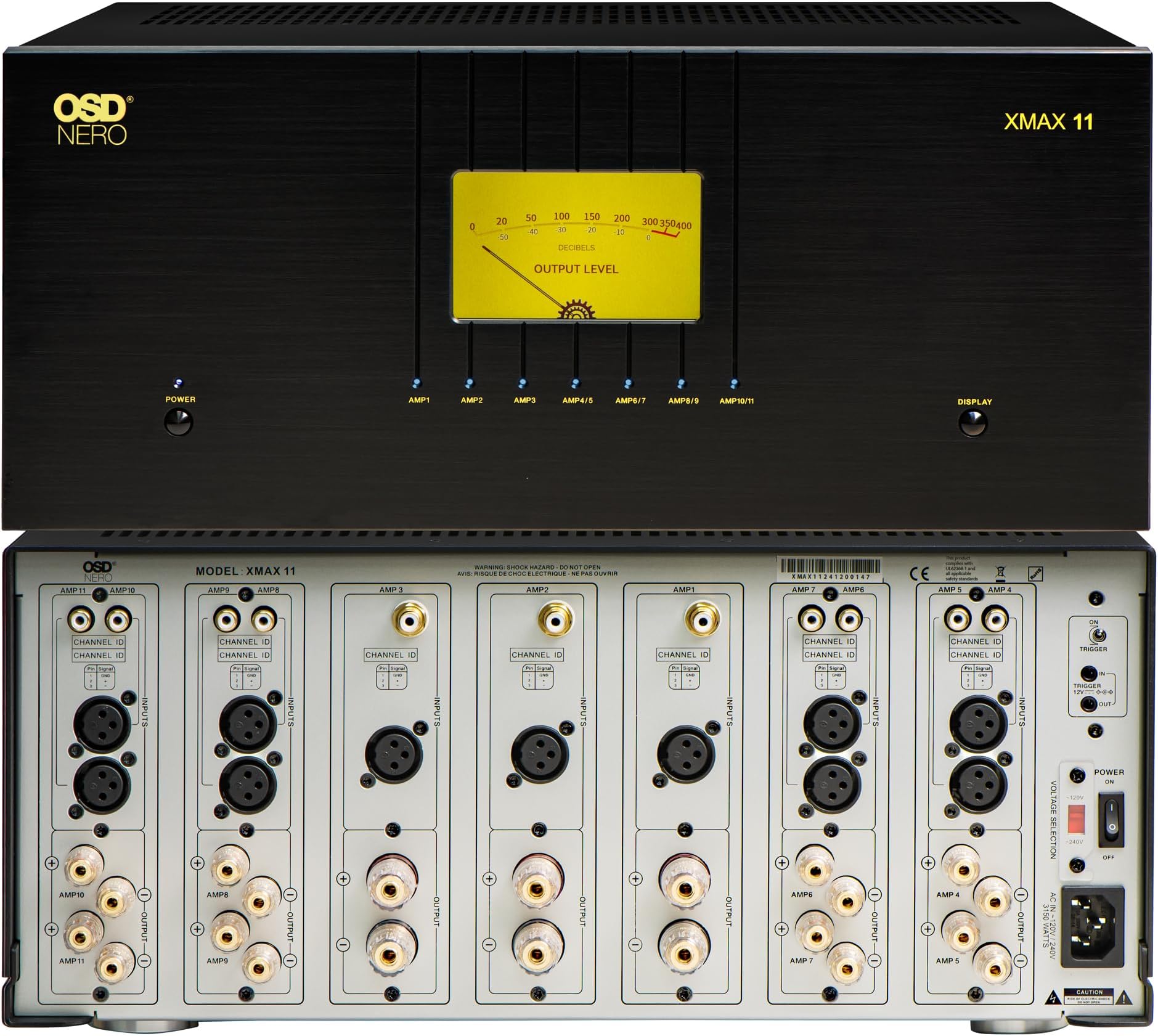 OSD Audio Nero XMAX11 Class A/B 11-Ch Home Theater Amplifier, 3X 310W + 8X 135W, 2X Toroidal Transformers, XLR/RCA Inputs
