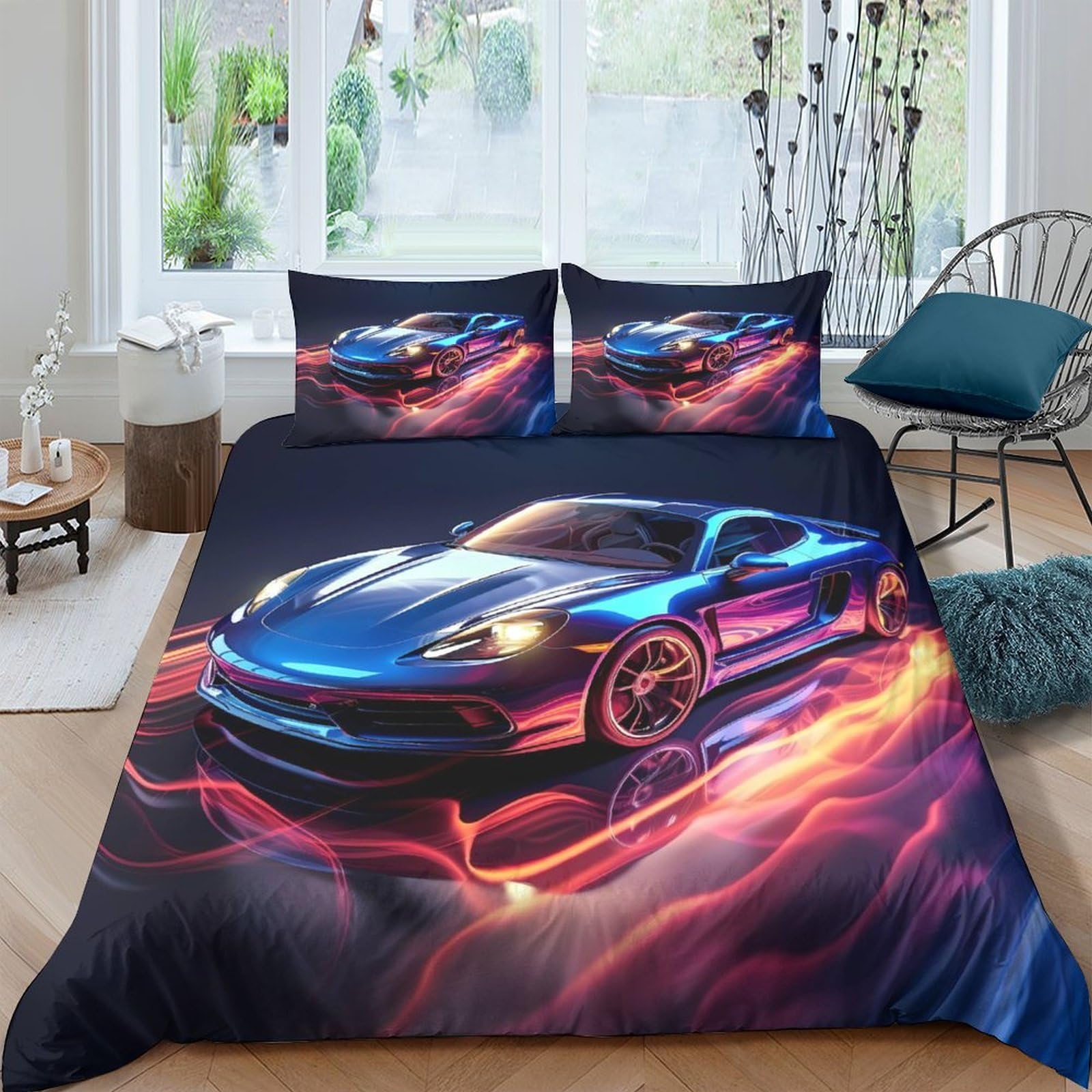 P5V6M1Q9 3D Printed Blue Sports Car Duvet Cover Microfiber Soft Bedding Set with 2 Pillowcases for Bedroom Decor Rental Single（135x200cm）