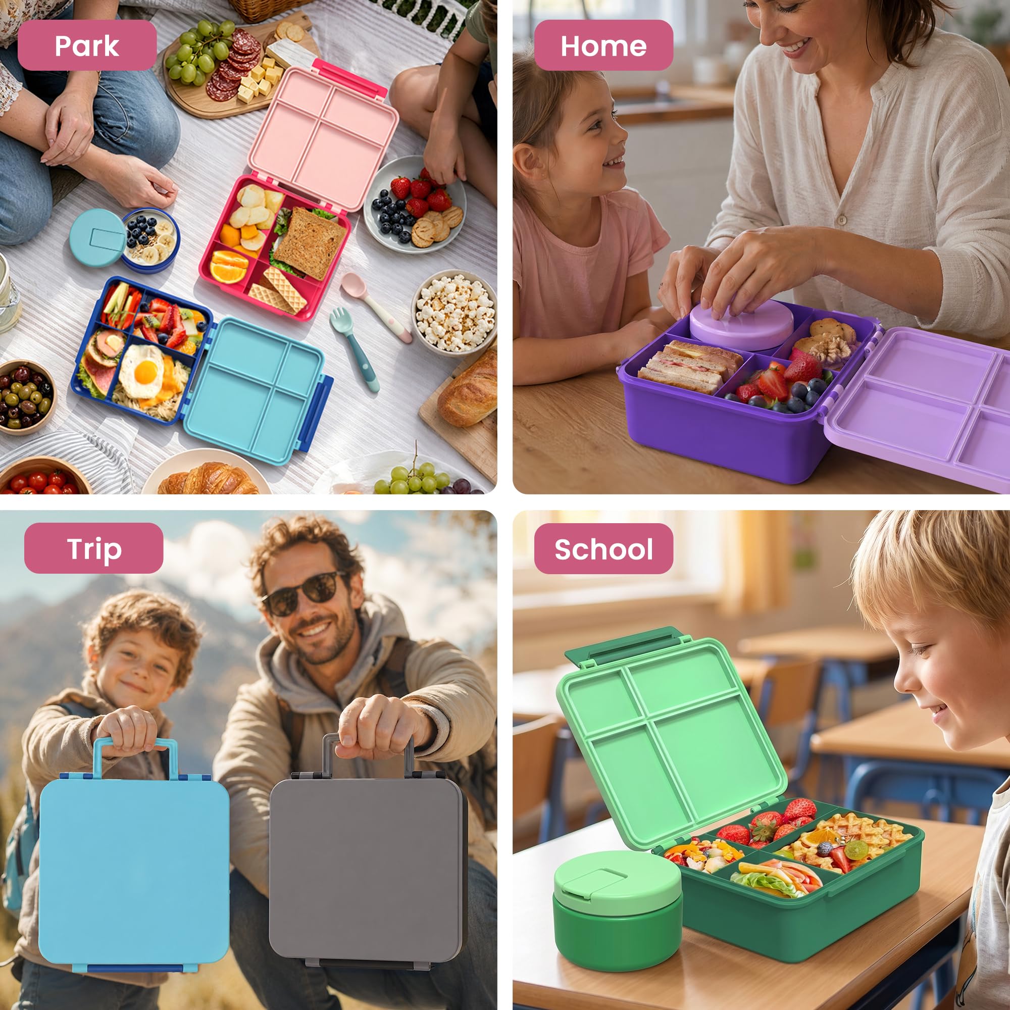LOHASOK Lonchera Bento con termo de sopa de 8 onzas, recipientes de almuerzo a prueba de fugas con 4 compartimentos, tarro térmico de alimentos calientes y lonchera aislada para la escuela, color rosa