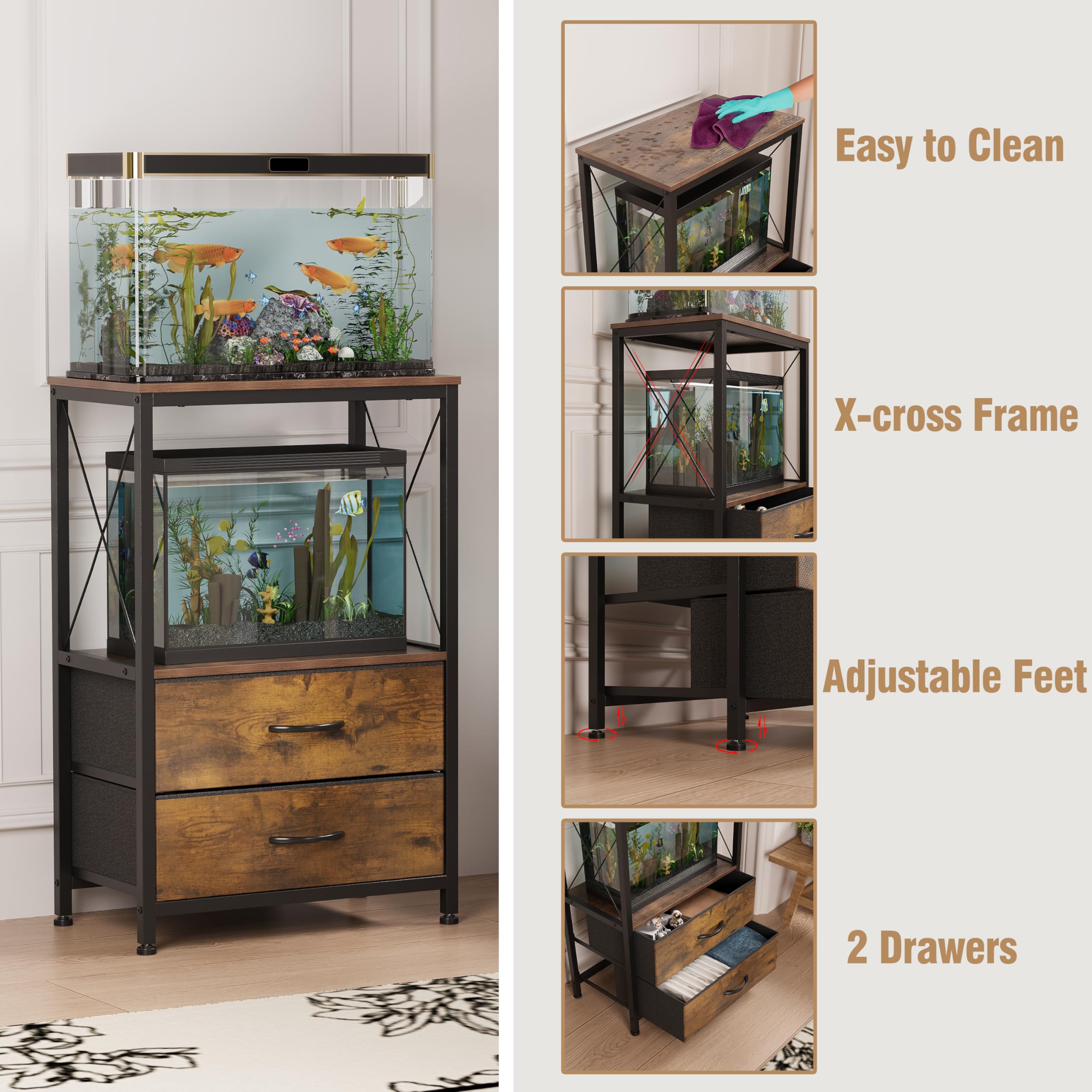 Aquariumständer, 38 L Aquarium-Ständer mit 2 Schubladen, Aquariumregal für 40 L Fisch, Schildkröten & Reptilienbecken, 2-stöckiger Aquarium Tisch, Rustikal Braun