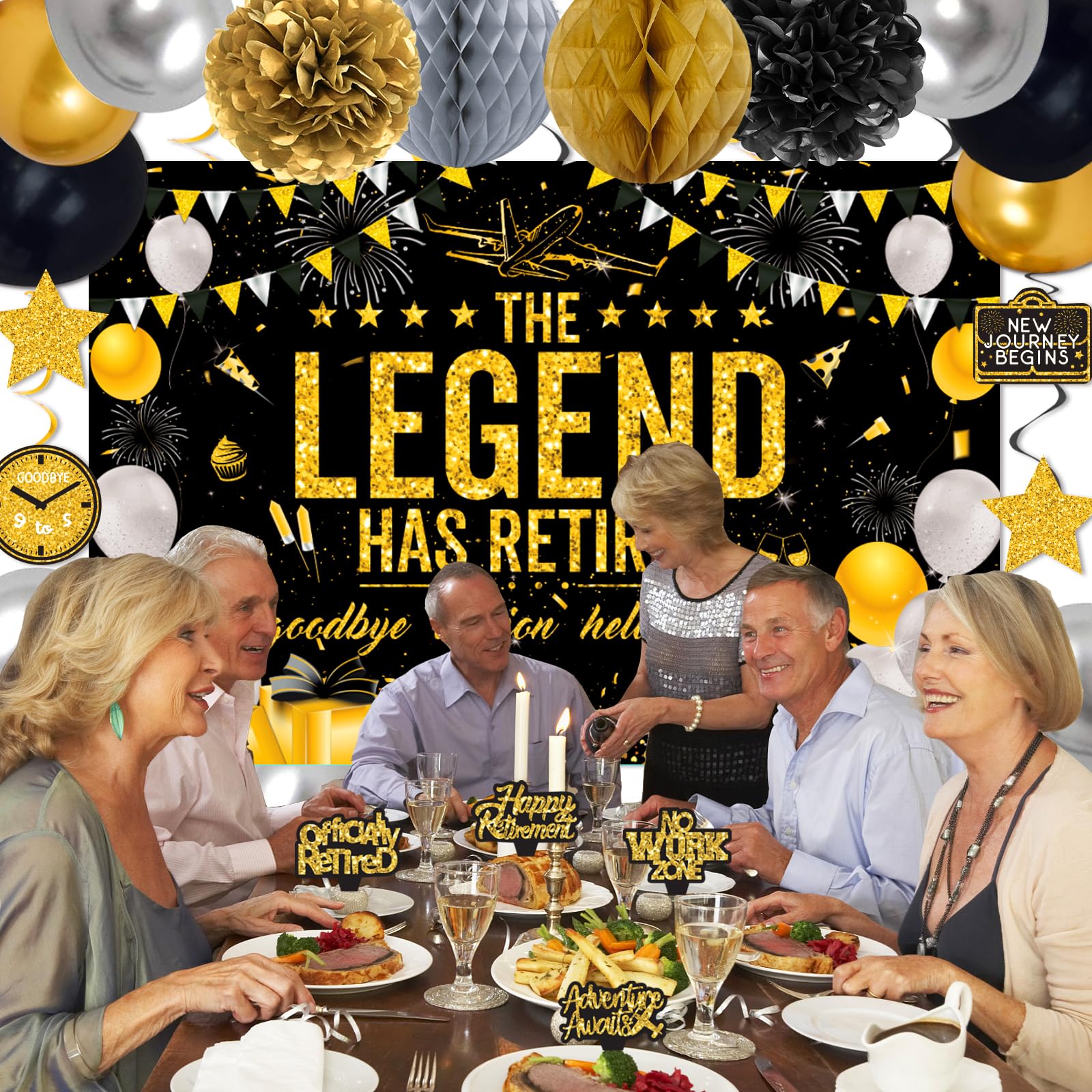 Decorazioni per feste di pensionamento, nero oro felice pensionamento banner coriandoli oro palloncini in lattice banner per pensione felice ufficio addio festa di addio forniture per feste