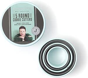 Jamie Oliver Cookie Cutting Set - Nesting Stainless Steel Round Shape Cutters - Includes Storage Container Tin, 5-Piece,Teal/Gray,1 ea,JB3800