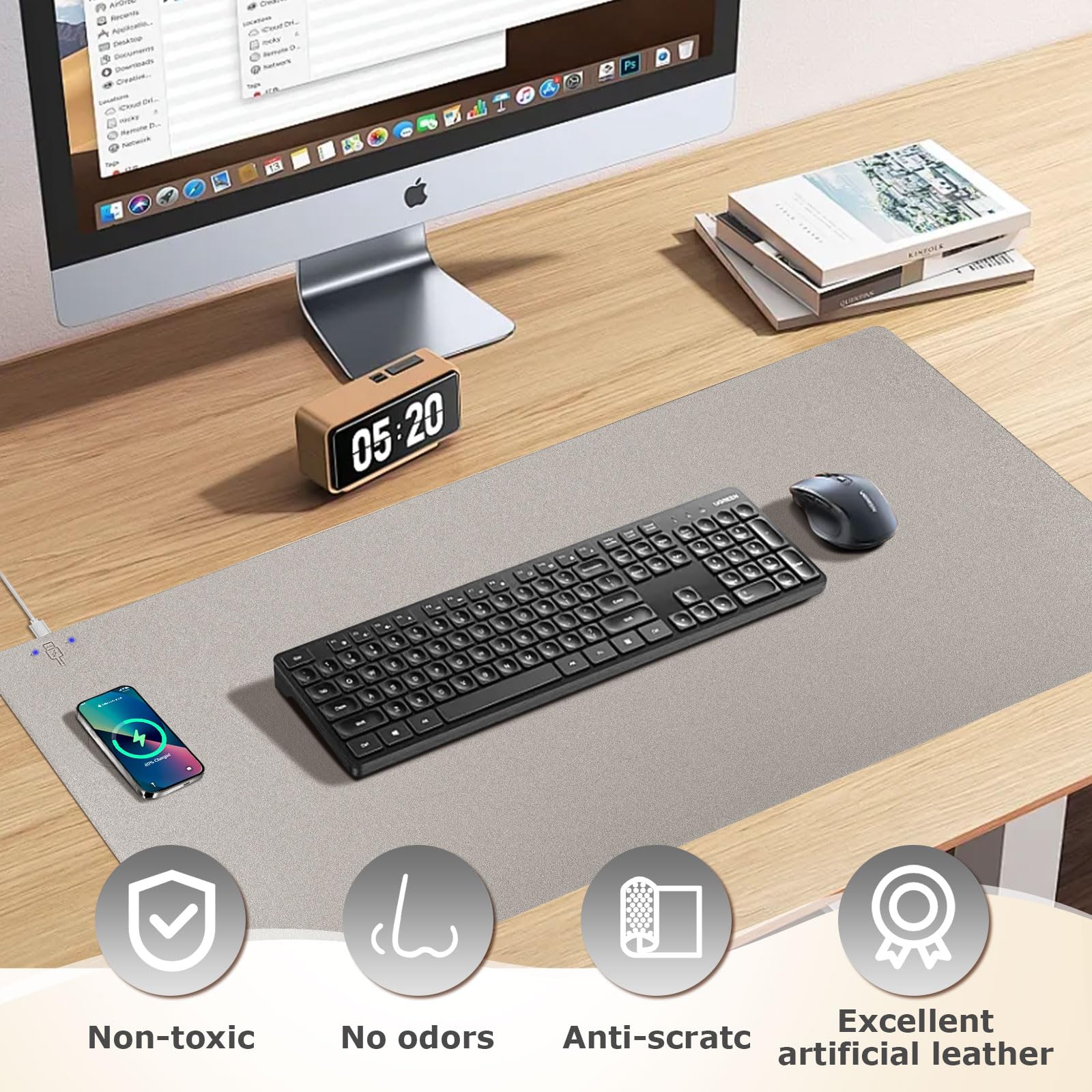 Tappetino per mouse 2 in 1 con ricarica wireless, multifunzione, in pelle, con base in gomma antiscivolo, tappetino da scrivania impermeabile per computer, ufficio, lavoro, casa, decorazione