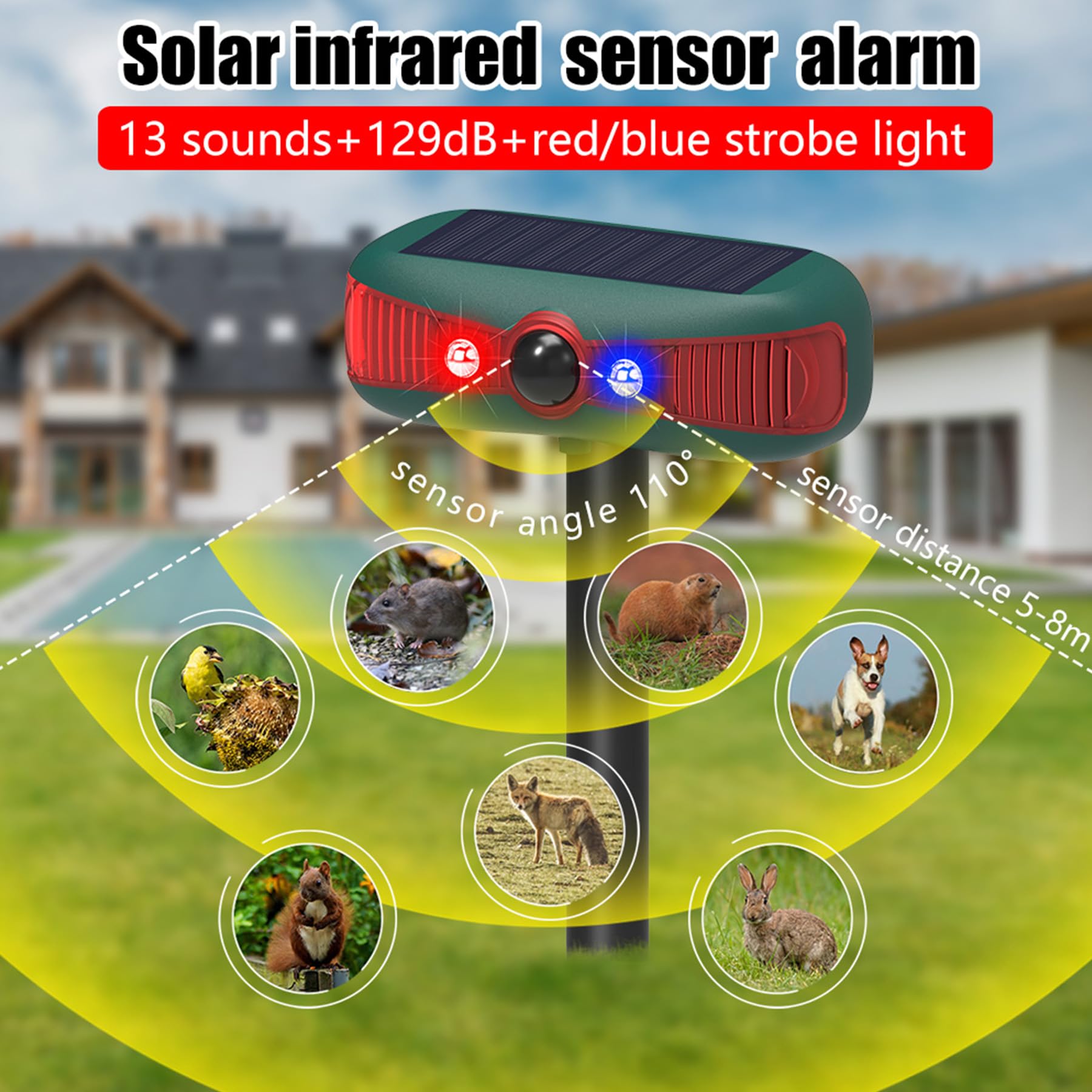 Alarma solar con sensor de movimiento para exteriores, 13 sonidos diferentes, alarma de perro ladrido, 129 dB x 2 sirena fuerte, 4 modos de trabajo, 2 luces estroboscópicas, detector de
