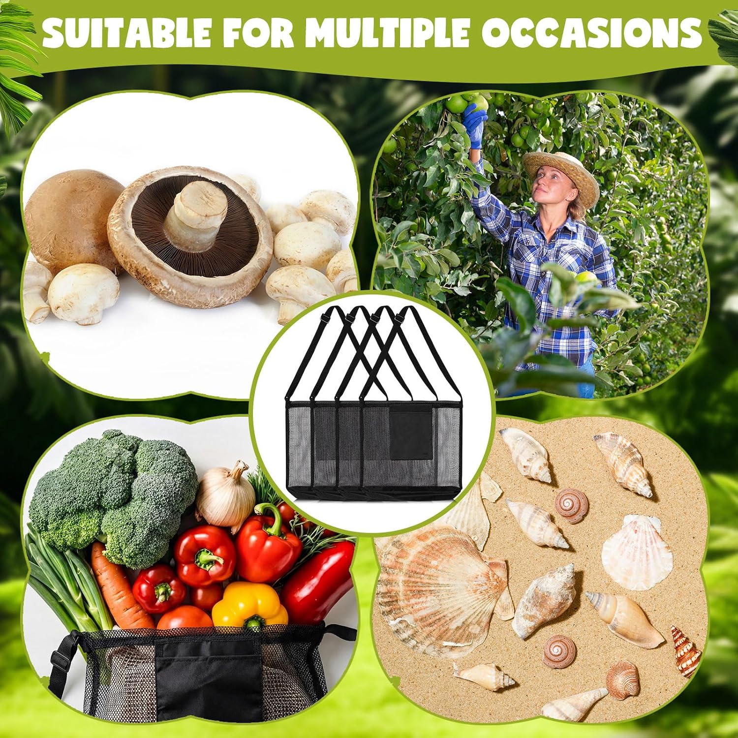 4 Pcs Mesh Bags with Drawstrings and Bottom Seashell Collecting Bag for Mushroom Foraging Folding Mesh Pouch Picking Bag with Outdoor Sacks for Beach Shell(Black)