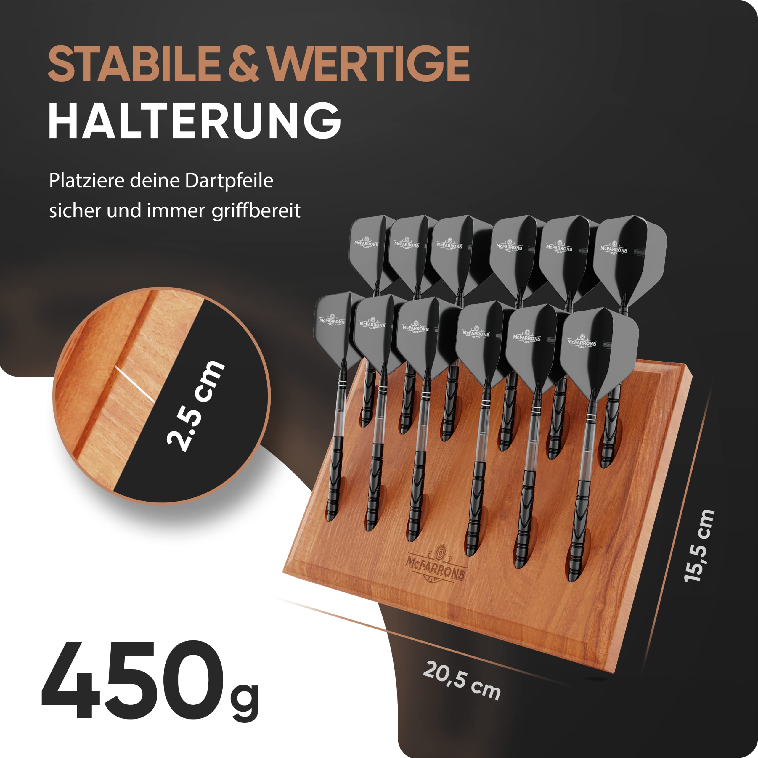 McFARRONS Darthalter aus Holz für 12 Darts - Praktische Dart Aufbewahrung für die Wand als Zubehör für Jede Art von Dartscheibe