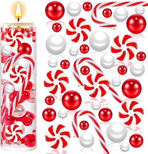 ZHWKMYP 120 piezas de relleno de jarrón de Navidad, cuentas de perlas de bastón de caramelo blanco y rojo, relleno de Navidad, perlas artificiales