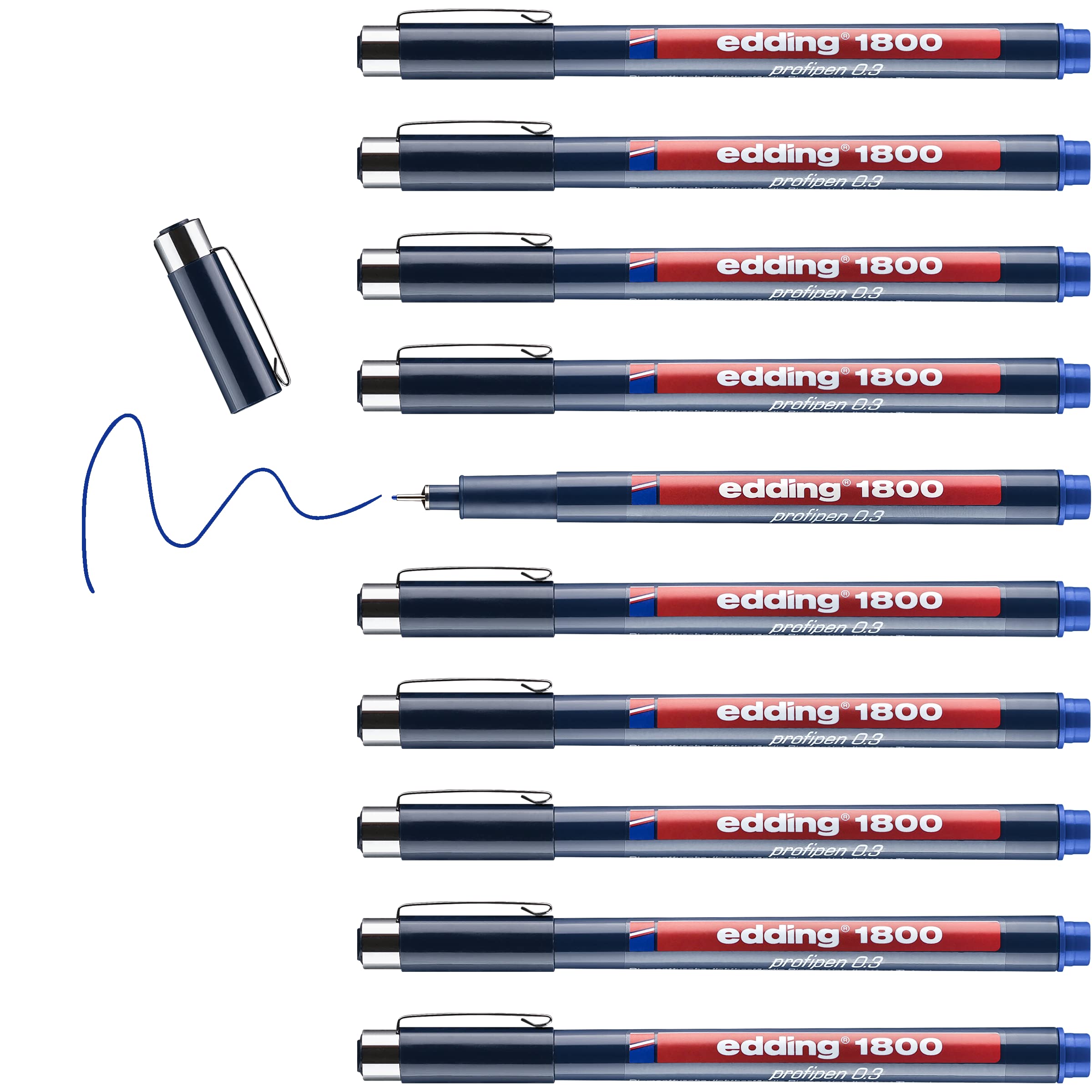 edding 1800 profipen - blue - 10 pens - line width 0.35 mm - fineliner pen for precise writing, sketching and technical drawing - fine, metal-encased nib - suitable for use with rulers and stencils