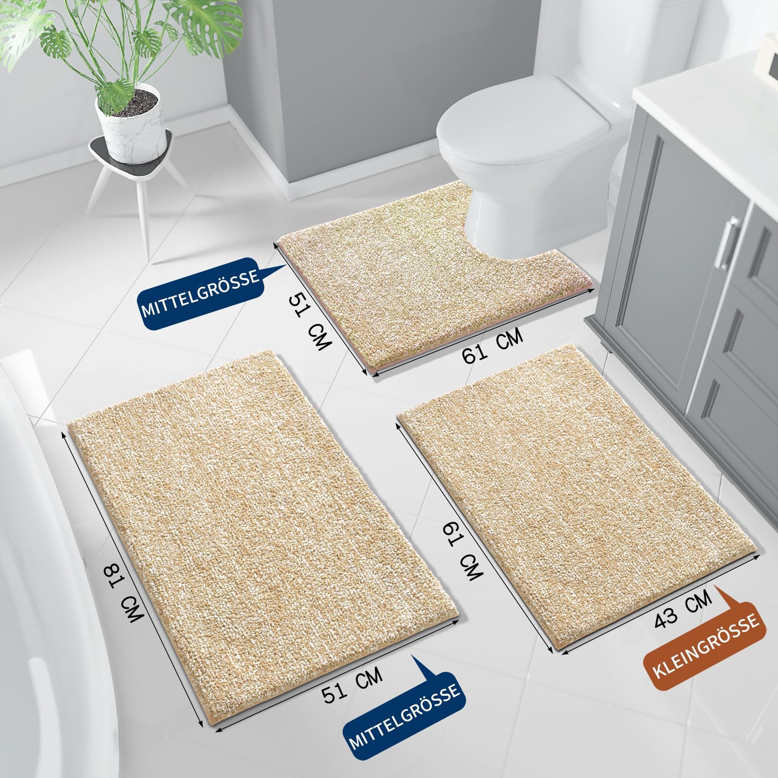 Yimobra Alfombra de baño antideslizante, extra suave y cómoda, absorbente de agua, gruesa y lavable a máquina, mullida para ducha y bañera, beige claro y blanco, 92 x 61 cm