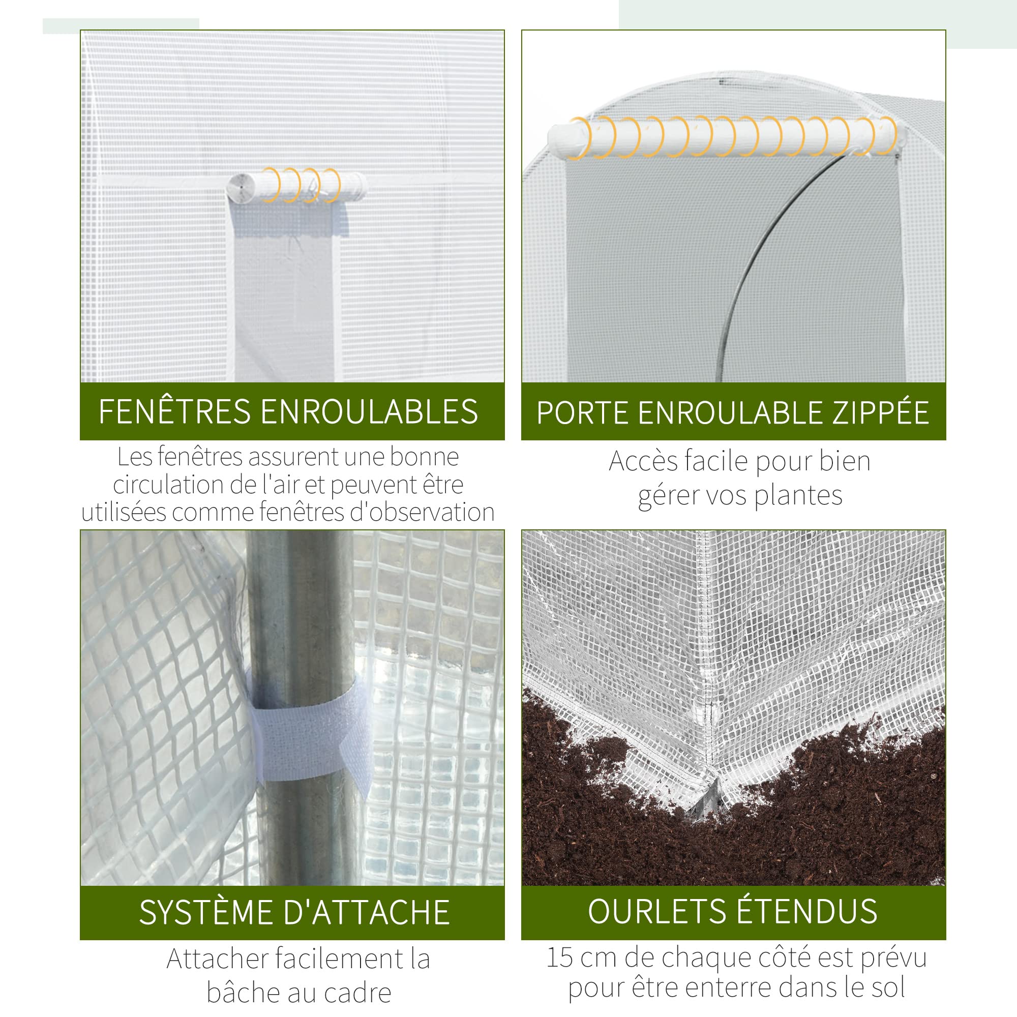 Outsunny Serre Tunnel de Jardin 9m², Serre de Jardin Tunnel 445x200x200cm avec Porte et 6 fenêtres, pour extérieur, Toutes Saisons, légumes, Fruits, Fleurs, bâche PE Haute densité 140 g/m² Blanc