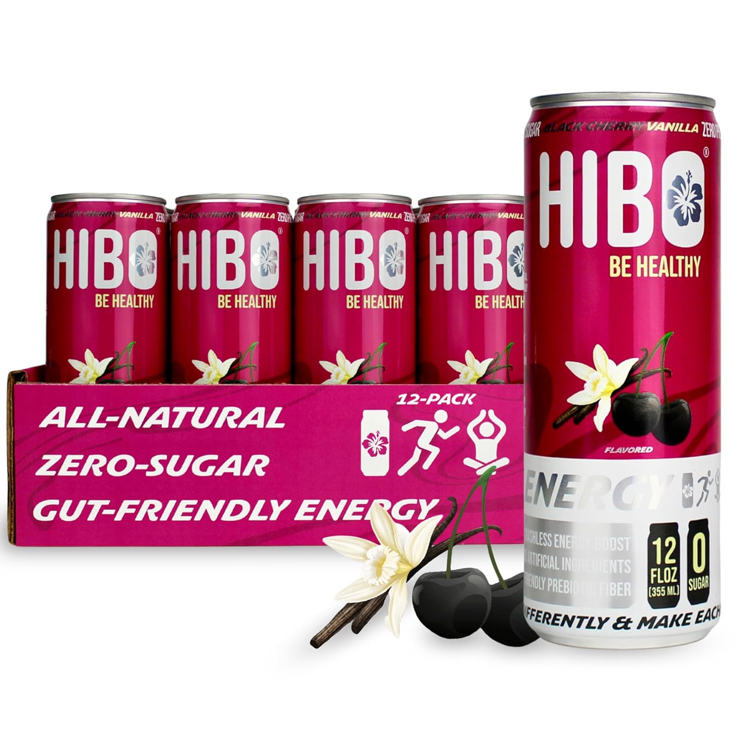 HIBO Healthy Energy Drinks Sugar Free – Gluten-Free & Gut-Friendly Prebiotic Fiber w/140mg Caffeine & 60mg Green Coffee Extract, Electrolytes – For Immunity & Focus - Pack of 12, Black Cherry Vanilla