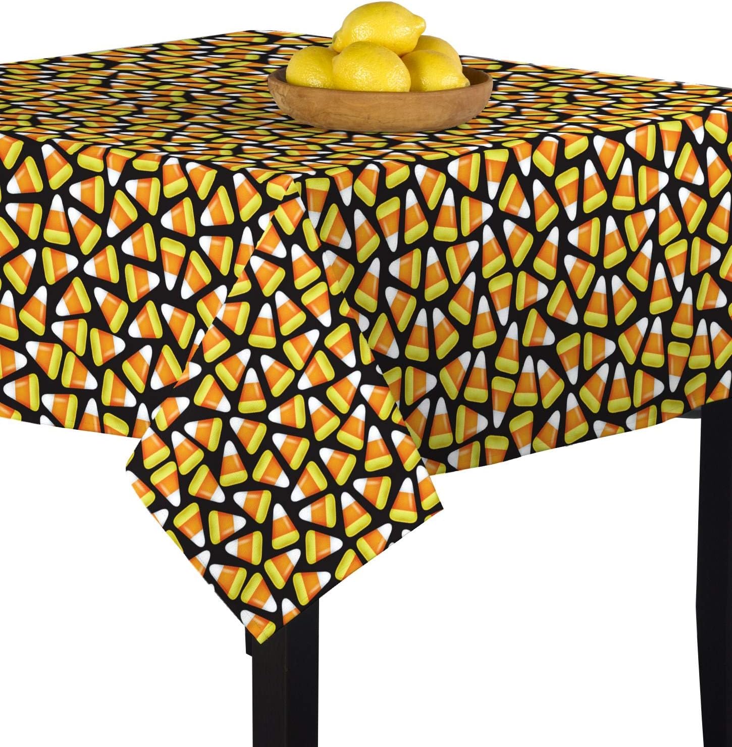 Fabric Textile Products Square Tablecloth, 100% Milliken Polyester, Machine Washable, 60x60, Halloween Candy Corn Black