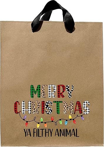Miniatura 1 de Divertidas bolsas de regalo de Navidad, Feliz Navidad Ya Filthy Animal Bolsa de regalo de Kraft de tamaño mediano con asas de cinta negra, bolsas de