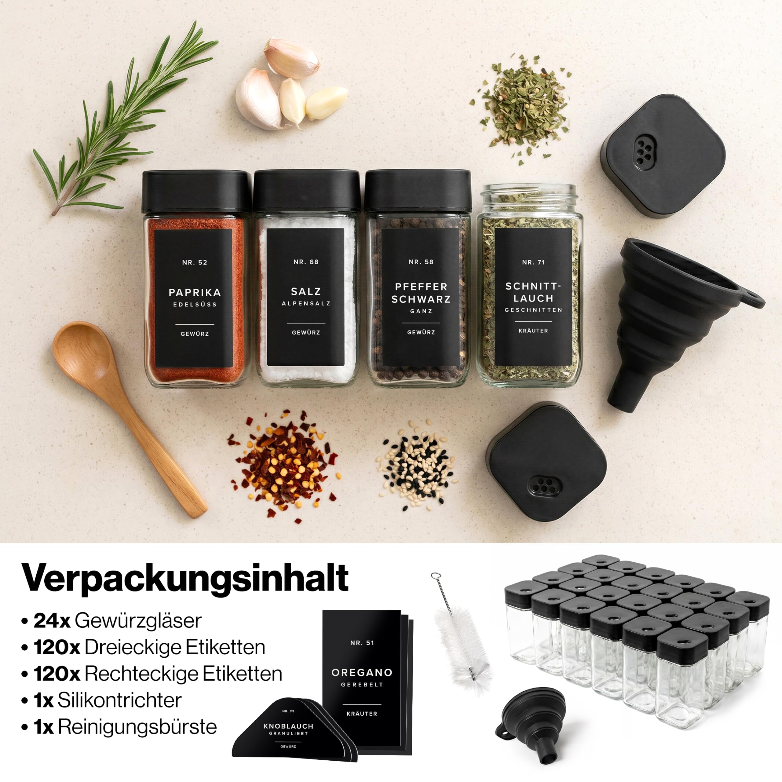 EDELHAUS Gewürzgläser Eckig Set mit Schwarzem Verstellbarerem Deckel (24 x 120ml) Gewürzstreuer mit 240 Etiketten Schwarz - Hochwertige Gewürzbehälter, Gewürzdosen, Gewürze organizer